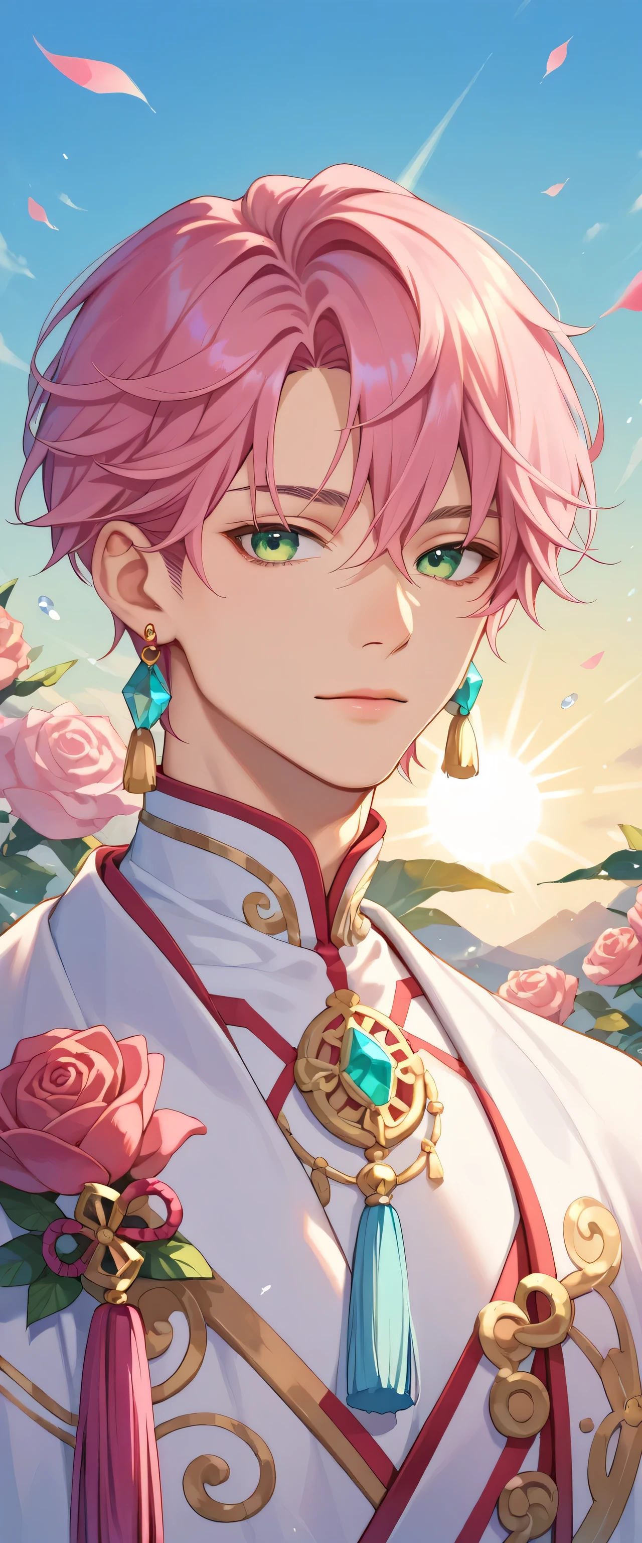 masterpiece, Male focus, 1 boy, solitary, pink hair, tassel earrings, tassel, jewelry, earrings, floral, under the sun, green eyes, short hair, crystal, Upper Body, Colorful hair,Pearlescent Rose,Personal,The eyes are depicted in great detail