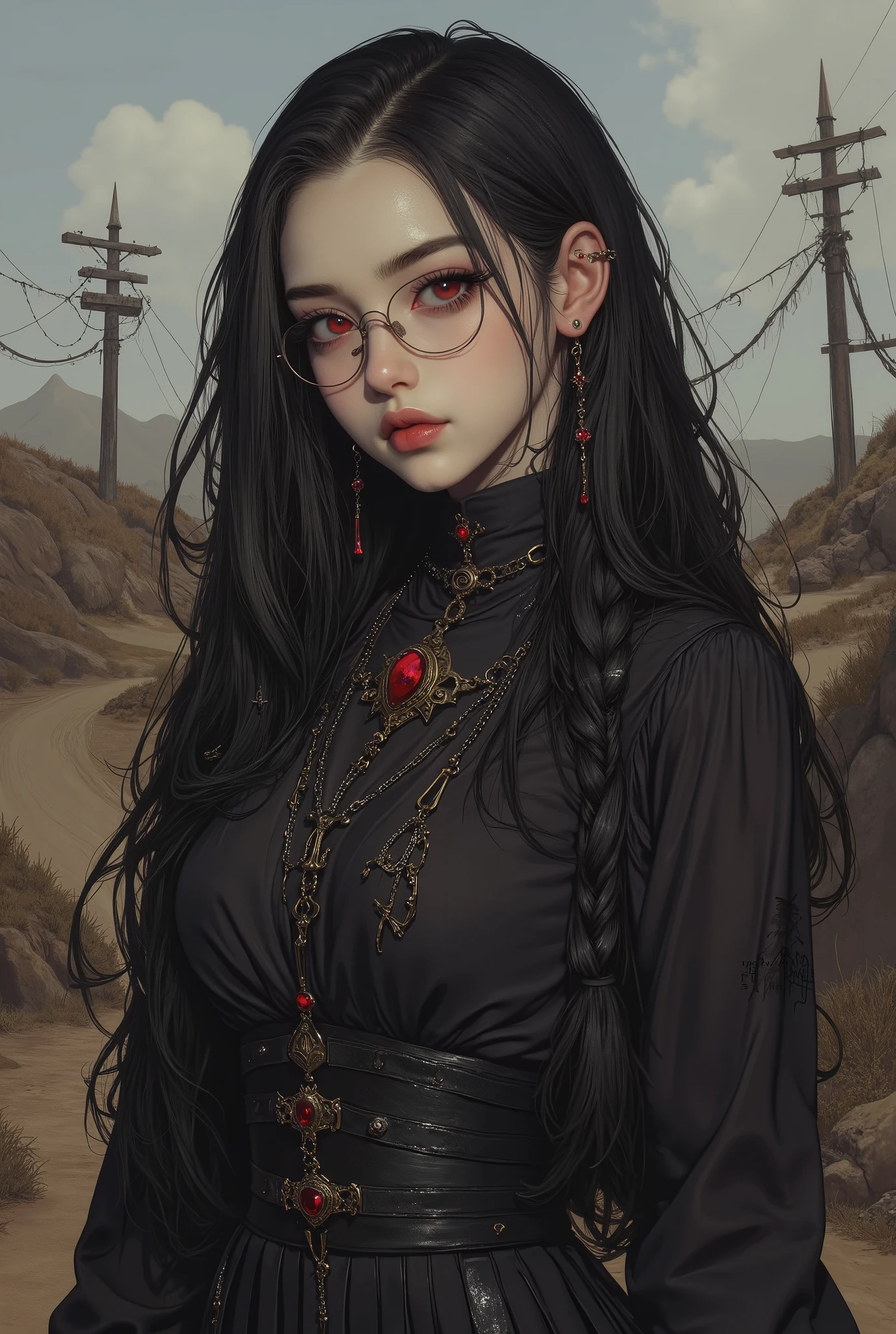 ( Highest Quality, best illustrations,high definition:1.2), (Horror Fantasy:1.5), (ink and watercolor:1.5),(Ominous Scenery :1.5),(A lot of dust rises:1.5),( Dirt Track :1.5),(wonderful:1.5),(masterpiece:1.5), (Powerful figures:1.1、Big Breasts:1.3) 、 ((((glasses、Closeup Shot, cute、 Red Eyes、 Evil Ruby's Cursed Necklace )))),(((glasses、Big Breasts、 braids)))、 cute face, Raise your eyebrows , ,(Fatal Beauty, charming beauty ) ,(Mysterious Charm:1.1),(Big Breasts、attractive silhouette), HD texture 、High quality shadows、 beautiful and delicate face 、 A beautiful, delicate, sticky liquid drips from my eyes 、 ray tracing 、 20th Generation、 cute K-POP girl、( The Face of Korea )、Thin face、( Ulzan-6500-v1.1:0.6)、 Face of Pure Loss _v1 , ( beautiful and delicate face , Beautiful and delicate eyes, perfectly balanced face , high definition skin , detailed skin, The optimal ratio is 4 fingers and 1 thumb :1.25)、 DSLRs、 beautiful devil woman from hell , charming girl , Real Girls, Gurwitz, Gurwitz-style Artwork , Girl Roleplay, Realistic 3d style, cgstation Popular Topics,, 8K Portrait Rendering by Mr. Nomi ,(truth,truth:1.4,glassesの少女:1.2)、cheek、 glossy lips, 1. オーバーサイズ comments: comments、 Choose an oversized design that covers shoulder to knee.。Navy blue or black is the standard color.、[ Soft khaki or beige , wait.、Choose a color that suits the season。 2. Pick the color that suits your skin : To protect yourself from the cold、 Pick the color that suits your skin、 ニットの質感と色を commentsに合わせてください .。 3. ワイドレッグ pants: pants, choose a wide leg design 、Combines mobility with style。Dark tone denim or black pants look great.。 4. knee-high boots: オーバーサイズ commentsに含まれるもの、Boots are chic in black or dark brown.、 Gives a stylish impression 。 5. accessories: for your outfit 。 Disney 、 long necklace 、6. handbag: handbag、Choose a color that matches the shades of your outfit.