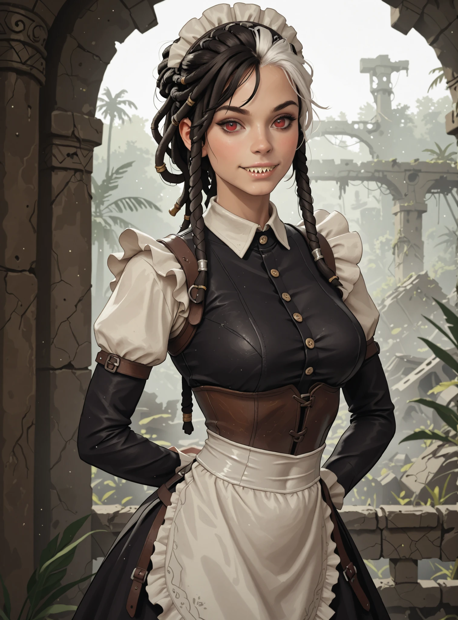 Slender body. White skin. Cute 18-year-old Asian girl with Asian red eyes and sharp teeth and dreadlocks with white highlights. She has a cute and beautiful face. She has a round and young face with a pointy chin. Her body is athletic with abs. She wears medieval an intricate medieval leather maid-dress with corset and buttons. Background: medieval jungle ruins. Realistic lighting. DnD art-style. Looking at the viewer.