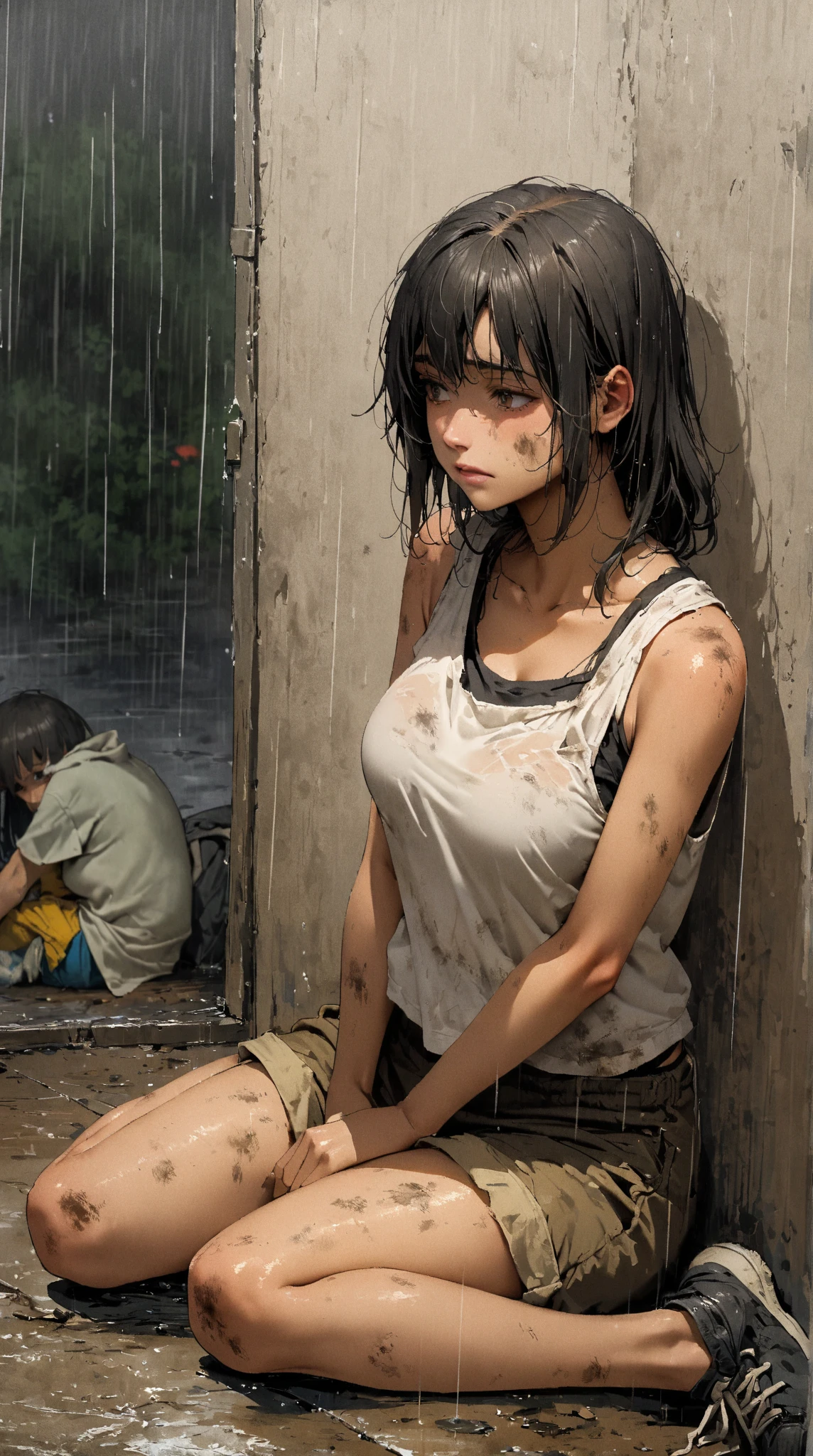 masterpiece, best quality, 2girls, (closeup:1.5), 18yo teen, slim, small breast, side view, walk knee-deep in water, sad, tired, dirty face, green raincoat, (backpacks), heavy rain, downpour, flood, wasteland, train station, industrial ruins, grey, desolate, rain, dark, watercolor, analog, ((open coan:1.4)), ((topless:1.3))
