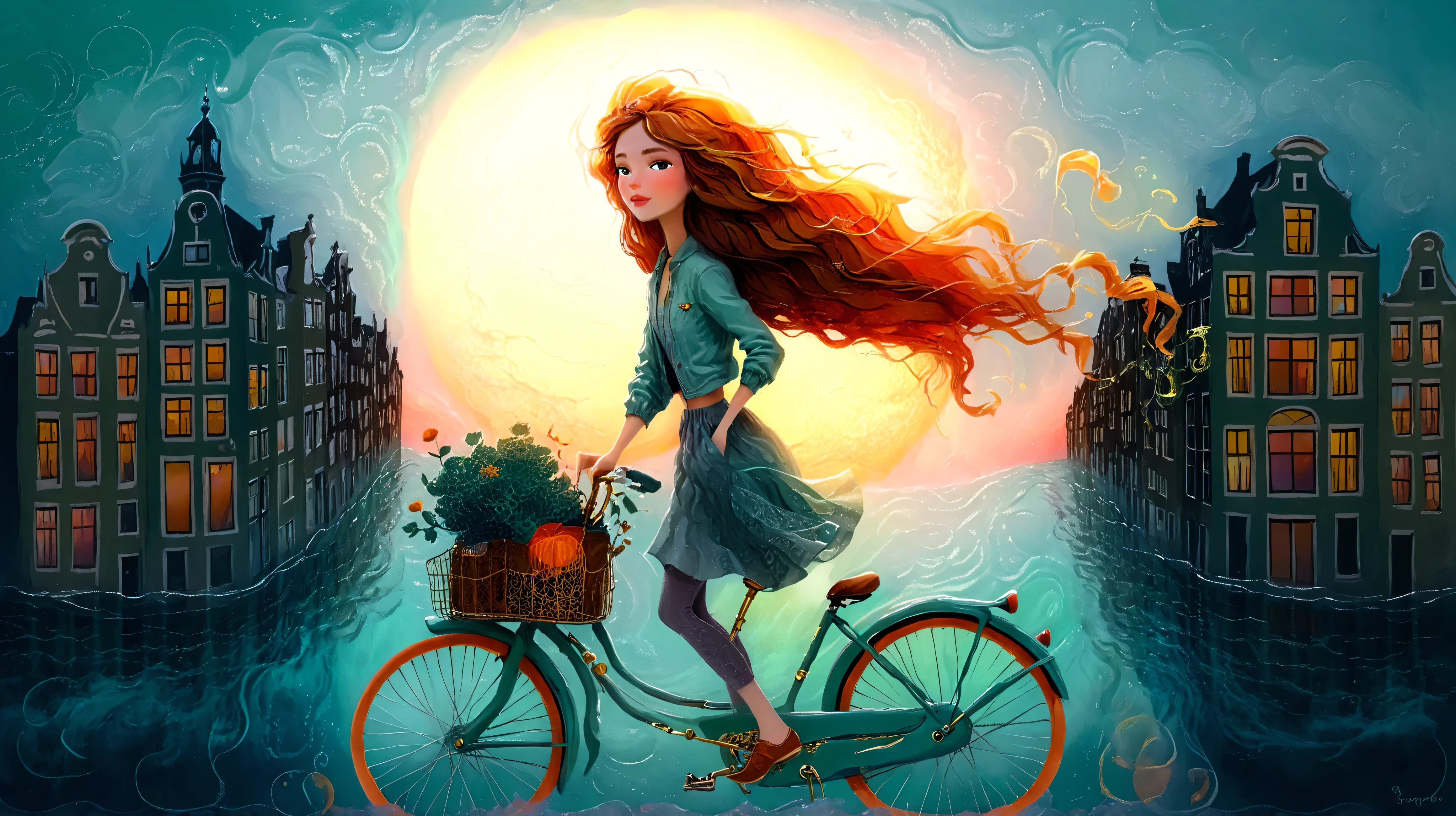 Fashion illustration, illustration, surreal fantasy, beautiful girl with long wavy hair, casual clothes, riding a mint bicycle in Amsterdam, brass color palette: Persian Green, Saffron, Deep Saffron, Mandarin, Fire Opal, sunset, volumetric lights, acrylic, fashion illustration.