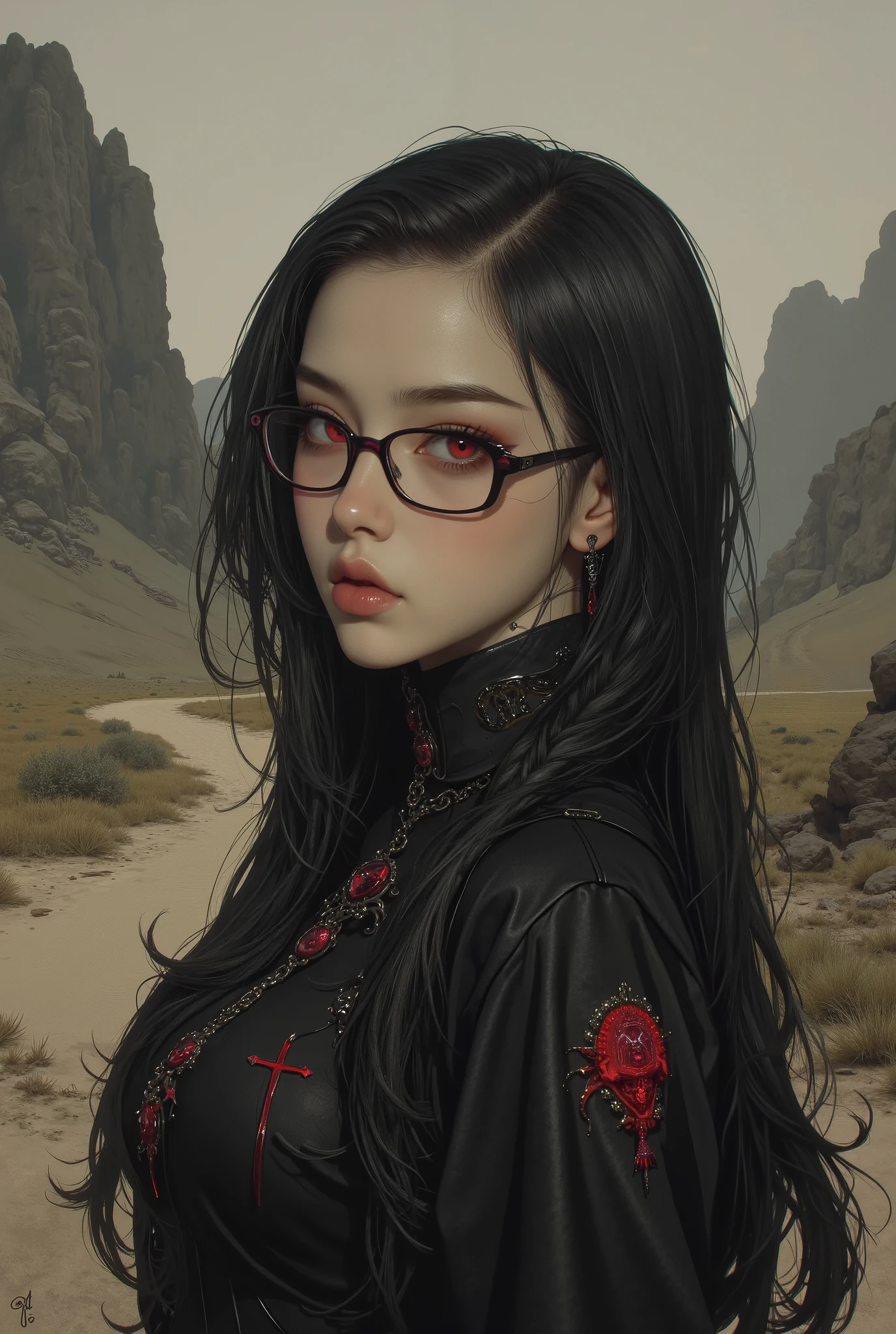 ( Highest Quality, best illustrations,high definition:1.2), (Horror Fantasy:1.5), (ink and watercolor:1.5),(Ominous Scenery :1.5),(A lot of dust rises:1.5),( Dirt Track :1.5),(wonderful:1.5),(masterpiece:1.5), (Powerful figures:1.1、Big Breasts:1.3) 、 ((((glasses、Closeup Shot, cute、 Red Eyes、 Evil Ruby's Cursed Necklace )))),(((glasses、Big Breasts、 braids)))、 cute face, Raise your eyebrows , ,(Fatal Beauty, charming beauty ) ,(Mysterious Charm:1.1),(Big Breasts、attractive silhouette), HD texture 、High quality shadows、 beautiful and delicate face 、 A beautiful, delicate, sticky liquid drips from my eyes 、 ray tracing 、 20th Generation、 cute K-POP girl、( The Face of Korea )、Thin face、( Ulzan-6500-v1.1:0.6)、 Face of Pure Loss _v1 , ( beautiful and delicate face , Beautiful and delicate eyes, perfectly balanced face , high definition skin , detailed skin, The optimal ratio is 4 fingers and 1 thumb :1.25)、 DSLRs、 beautiful devil woman from hell , charming girl , Real Girls, Gurwitz, Gurwitz-style Artwork , Girl Roleplay, Realistic 3d style, cgstation Popular Topics,, 8K Portrait Rendering by Mr. Nomi ,(truth,truth:1.4,glassesの少女:1.2)、cheek、 glossy lips, 1. オーバーサイズ comments: comments、 Choose an oversized design that covers shoulder to knee.。Navy blue or black is the standard color.、[ Soft khaki or beige , wait.、Choose a color that suits the season。 2. Pick the color that suits your skin : To protect yourself from the cold、 Pick the color that suits your skin、 ニットの質感と色を commentsに合わせてください .。 3. ワイドレッグ pants: pants, choose a wide leg design 、Combines mobility with style。Dark tone denim or black pants look great.。 4. knee-high boots: オーバーサイズ commentsに含まれるもの、Boots are chic in black or dark brown.、 Gives a stylish impression 。 5. accessories: for your outfit 。 Disney 、 long necklace 、6. handbag: handbag、Choose a color that matches the shades of your outfit.