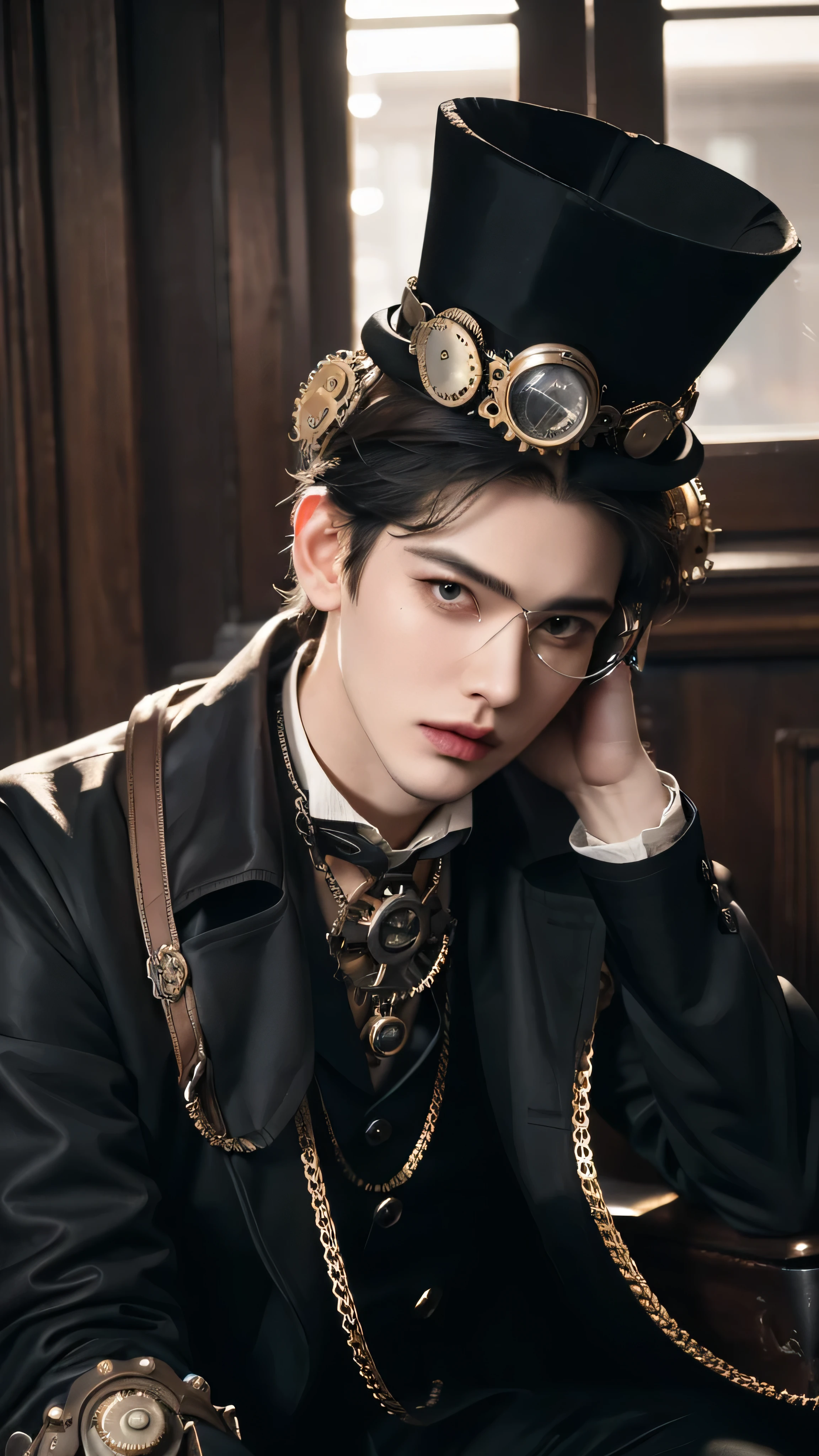 ((highest quality, 8K, masterpiece: 1.3)), empty city street, Handsome boy, ((25-year-old man)), well-groomed face, black hair color, thin face, (white skin:1.5), (((upper body))), black eyes, Super handsome, sexy eyes, Extra-fine face, handsome nose, small eyes and face, High resolution, detailed mouth, super slim, wearing a nice button-down shirt and black trench coat, wearing black boots, (((boy))), ((wearing Victorian steampunk outfit)), (((steampunk goggle)))