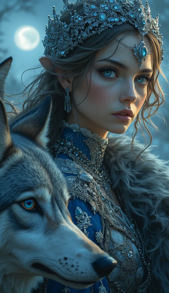 Medieval setting with a woman wearing tattered clothes in blue, yellow, orange, and white colors, standing in front of the observer, alongside a wolf, against the backdrop of a complex medieval village. The colors are vivid, and the details are intricate. Inspired by the styles of Boris Vallejo, Luis Royo, and Anna Dittmann for a realistic photograph in the Fujifilm XT3 style. --auto --s2