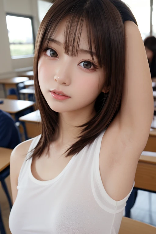 slender girl, (make up:1.1), (nude:1.2), small breasts, at school room, (upper body shot:1.1), cowboy shot