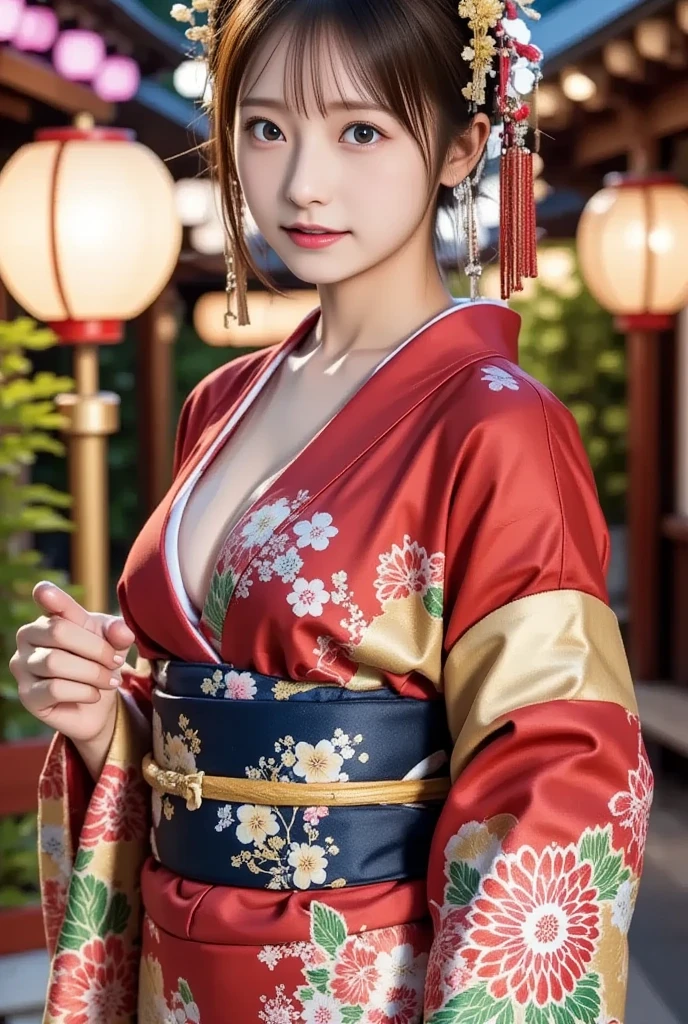 (masutepiece:1.3, Photorealsitic:1.4, 8K), top-quality, masterpiece, 超A high resolution, Professional camera work, Grow Light Effect, Realistic portrait, Cinematic Light, Highly detailed skin and facial texture:1.3, Perfect dynamic composition, The ultra-detailliert, A detailed eye, Detailed limbs, autumnal, Autumn leaves landscape in the evening:1.25, 1girl in, Cute sexy 23 year old slim woman, Fair skin, Autumn leaves are dancing:1.25, (Enraptured look:0.9, Totally captivates you:1.0), (Red kimono:1.31 Only shoulders and scapula exposed), (Backshots, Calm pose), (voluptuous breasts:0.9), (Beautiful blue eyes, Eyes that feel beautiful eros:0.85), Sexy face:0.4, (A mouthfeel that feels beautiful eros:0.85), ((Too cute beauty:0.9))