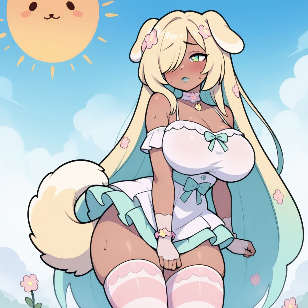 Swimsuit tan marks, small, nipple seals, tan marks, huge thighs, rabbit ears, small, thick eyebrows, healthy whole body, evil smile, beautiful blonde, full body focus, (masterpiece), ((highest quality)), (super detailed), one girl, solo, (beautiful eyes)), beautiful detailed eyes, clean and detailed face, five fingers, textile shading, perfect anatomy,