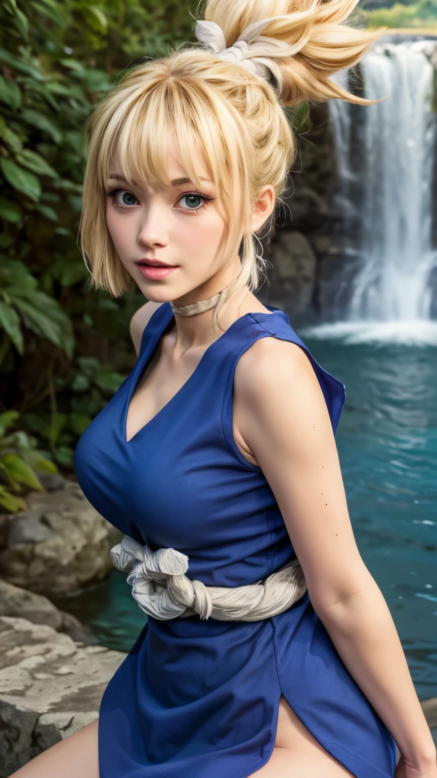 masterpiece,best quality,highres,1girl,solo,blush,medium breasts,hair_band blue,blonde hair, short ponytail, blue eyes, dark blue dress, cleavage, sleeveless, white rope belt, big breasts, looking at you, waterfall,looking at the viewer, pikkykohaku,ponytail, blonde, thigh