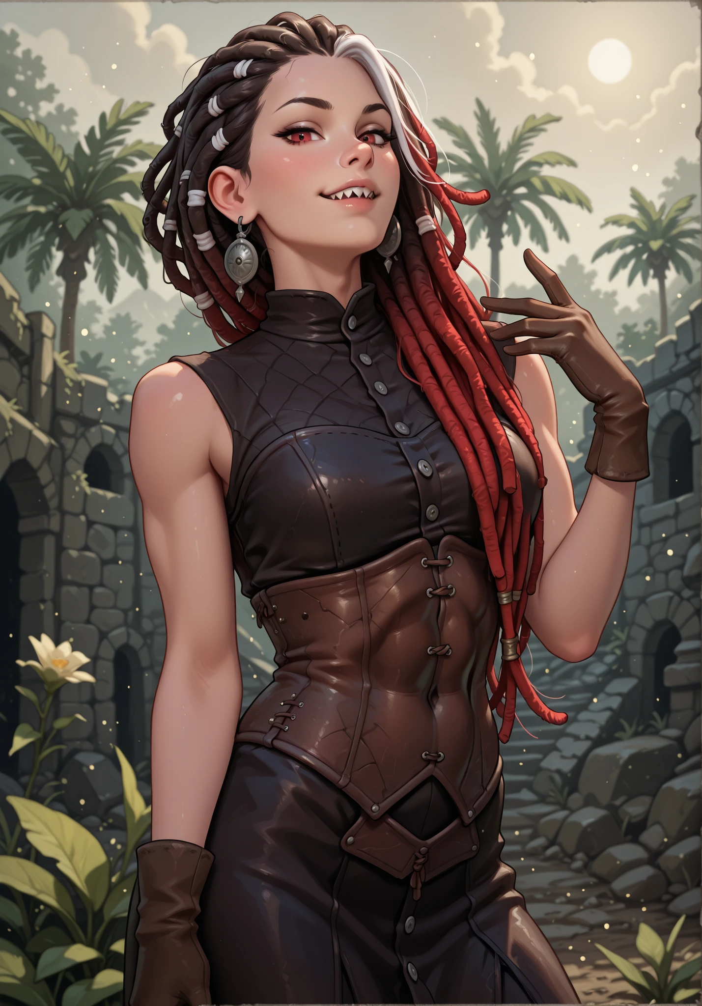 Slender body. White skin. Cute 18-year-old Asian girl with Asian red eyes and sharp teeth and dreadlocks with white highlights. She has a cute and beautiful face. She has a round and young face with a pointy chin. Her body is athletic with abs. She wears medieval an intricate medieval leather dress with corset and buttons. Background: medieval jungle ruins. Realistic lighting. DnD art-style. Looking at the viewer.