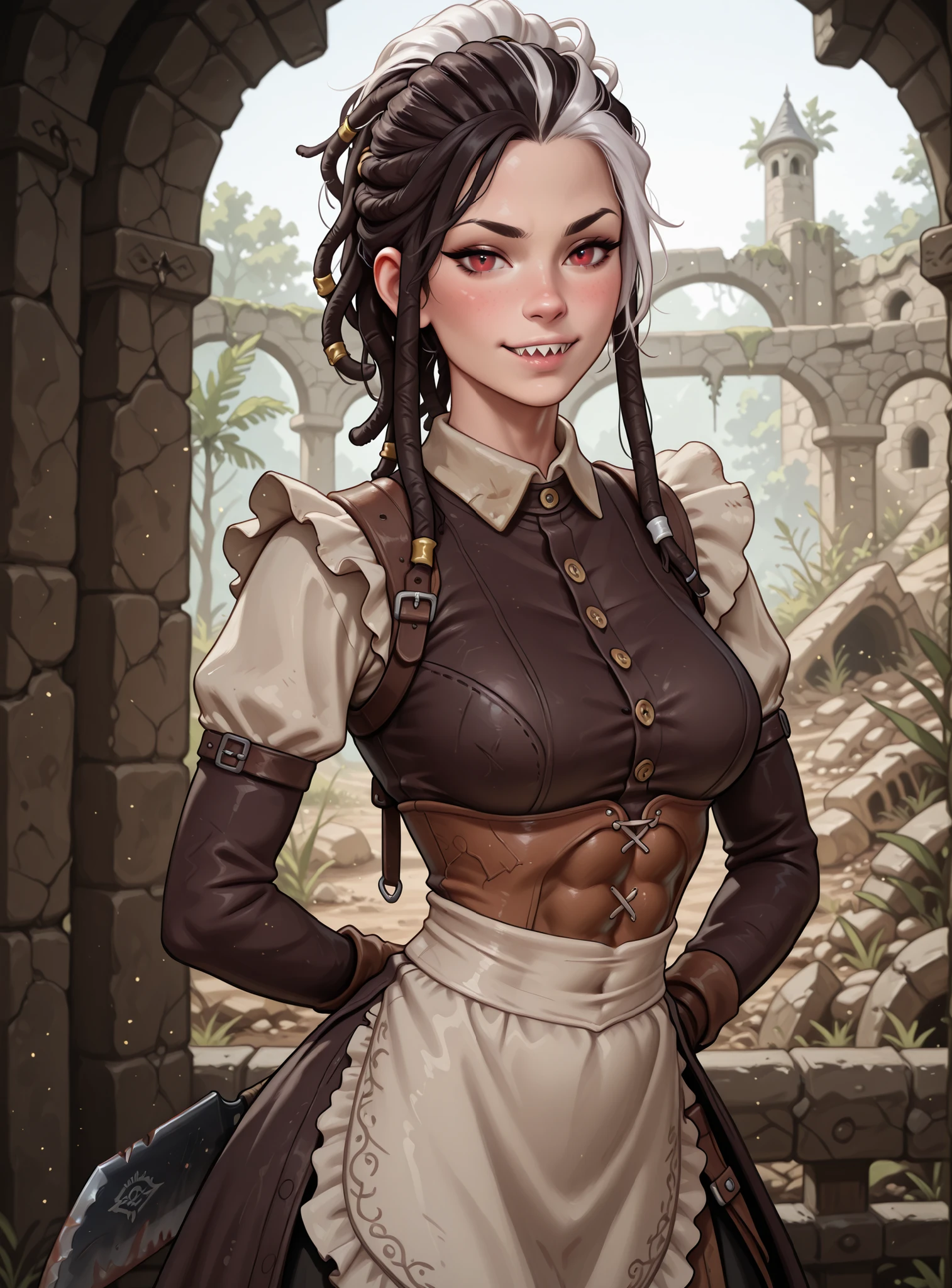 Slender body. White skin. Cute 18-year-old Asian girl with Asian red eyes and sharp teeth and dreadlocks with white highlights. She has a cute and beautiful face. She has a round and young face with a pointy chin. Her body is athletic with abs. She wears medieval an intricate medieval leather clothing with buttons. Background: medieval jungle ruins. Realistic lighting. DnD art-style. Looking at the viewer. She's got a massive cleaver on her back.