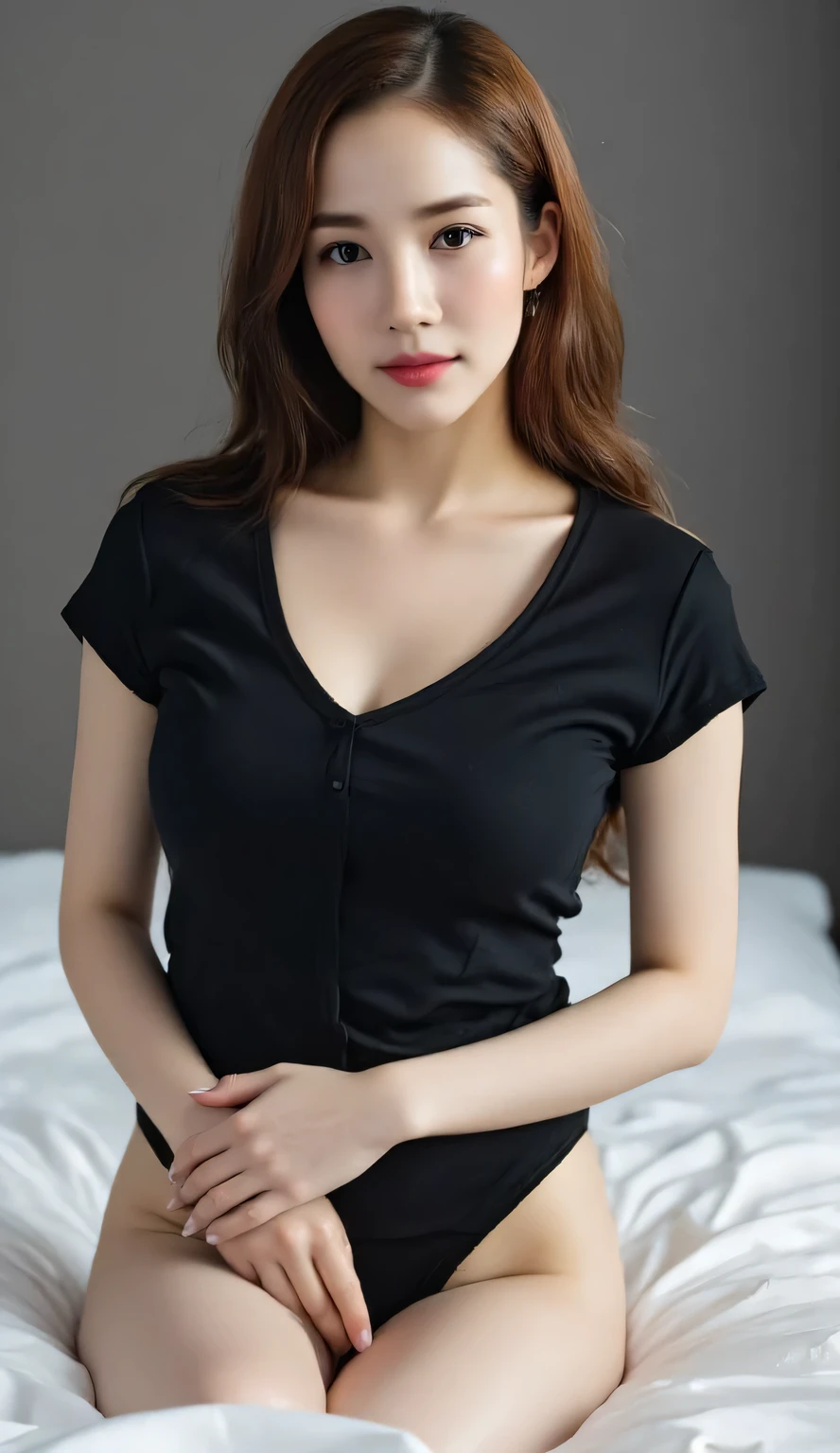 a beautiful woman, Stomach On The Mattress, both arms hold the body, shirt looks full body, body facing front, use a black V-neck t-shirt, payudara besar, visible cleavage, red lips, bentuk tubuh ideal, tubuh basah, pakaian basah