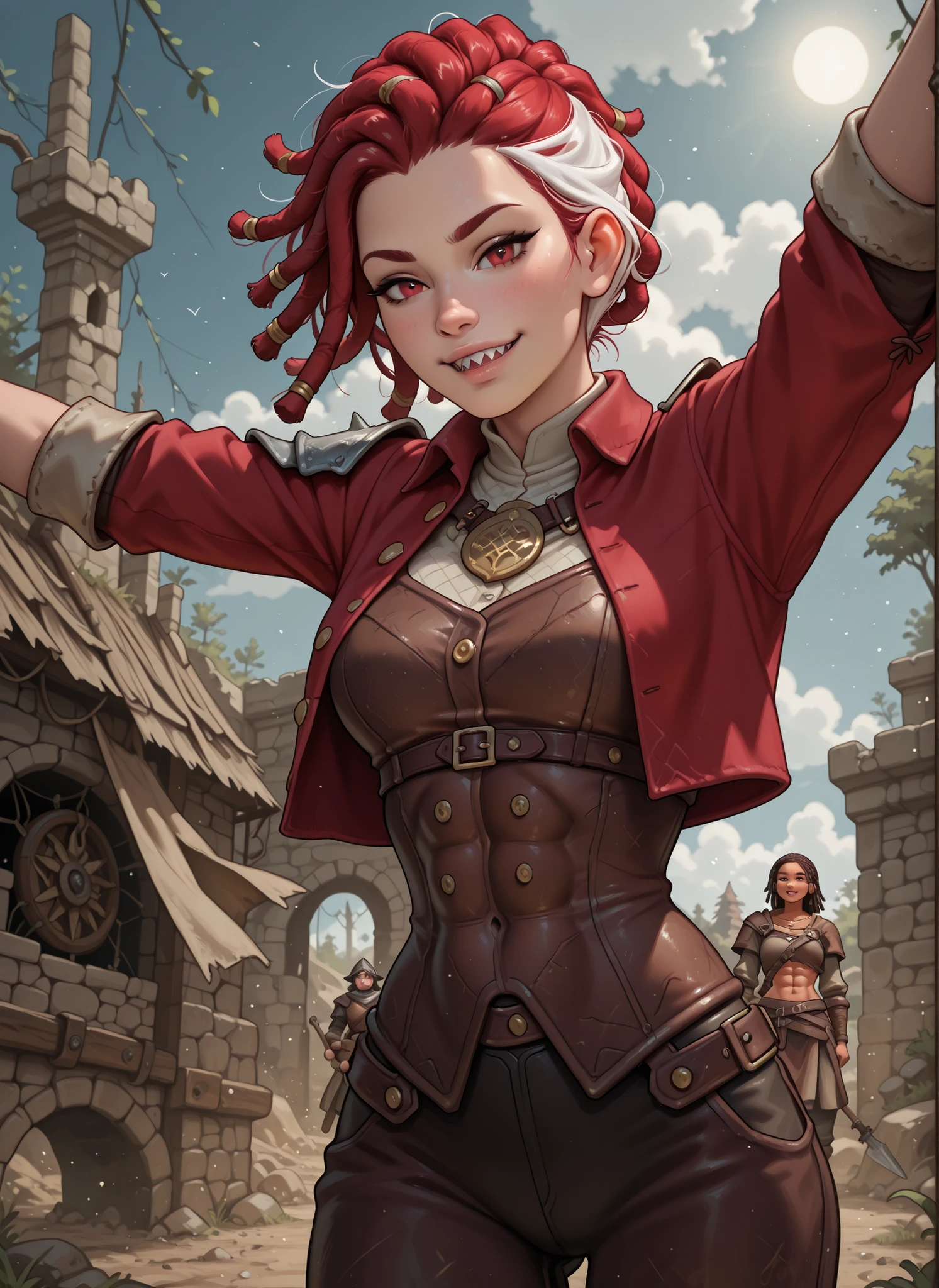 Slender body. White skin. Cute 18-year-old Asian girl with Asian red eyes and sharp teeth and dreadlocks with white highlights. She has a cute and beautiful face. She has a round and young face with a pointy chin. Her body is athletic with abs. She wears medieval an intricate medieval leather clothing with buttons. Background: medieval jungle ruins. Realistic lighting. DnD art-style. Looking at the viewer.