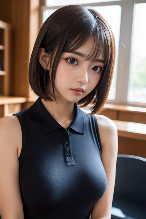 masterpiece, Bokeh, (Cat ear:1.4), Sitting on the beach at sunset, Looking at the audience, office lady, pantyhose,(masterpiece, Highest quality, It captures a very cute moment, Depth of written boundary, Super detailed, Ultra-high resolution, C4D, Octadale, 3D Modeling,Realistic human photos、 8k, 16K, One Girl,, 15 years old、Small breasts,Black Hair,short hair,Straight Hair,Light brown eyes,Cute Face), Bloomers, Black tank top, zettai ryouiki, Wet clothes,Classroom Nights,Moonlight, Good elevator, Take off、Real-life skin、Not an anime、Realistic、