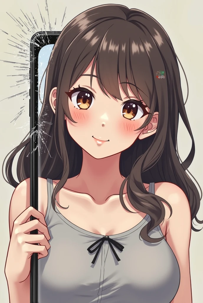 Smartphone screen,Shattered Smartphone screen A young woman, likely Asian, is depicted in an anime-style illustration.  She is positioned slightly off-center, towards the left of the image, and is oriented facing the viewer. She is in her late s or early twenties, with long, dark brown hair, styled loosely around her shoulders and arms. Her expression is relaxed and slightly playful, with a soft blush on her cheeks. Her eyes are a striking amber color, and her skin tone is light. She is wearing a light gray, sleeveless top with a small bow at the . Her body is slender and curvaceous, fitting the anime style.  The background is a soft, muted color palette, suggesting a casual or relaxed outdoor setting. The style is characteristic of anime or manga, with simple lines, bold color gradients, and exaggerated facial features, but stylized in a manner that evokes youth and a cute mood. The lighting is soft, coming from a general, diffused source, highlighting the character's features.  The overall composition is dynamic and focused on the character emerging from Smartphone screen