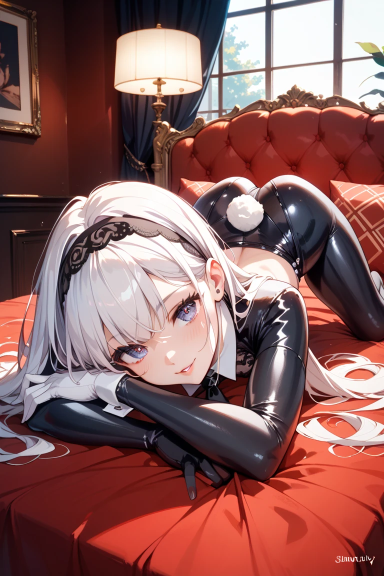 Sexy and glamorous woman、Gray eyes、Gray Hair、Long Hair、ponytail、Black Ribbon、White skin、Exposed chest、Waist exposed、See-through black clothes、Navel exposure、Transparent and sexy knee-high socks、Looking up、bed、Mystical effects、night、Maid