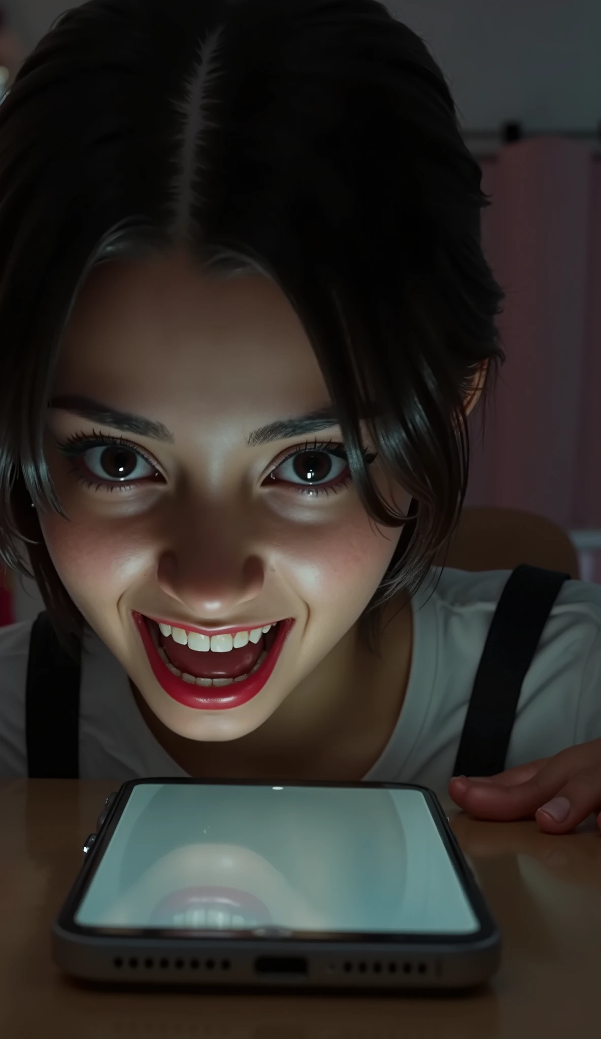 HORROR PICTURE, DARK, SCREAMING, iPhone on a table with a girl trap inside