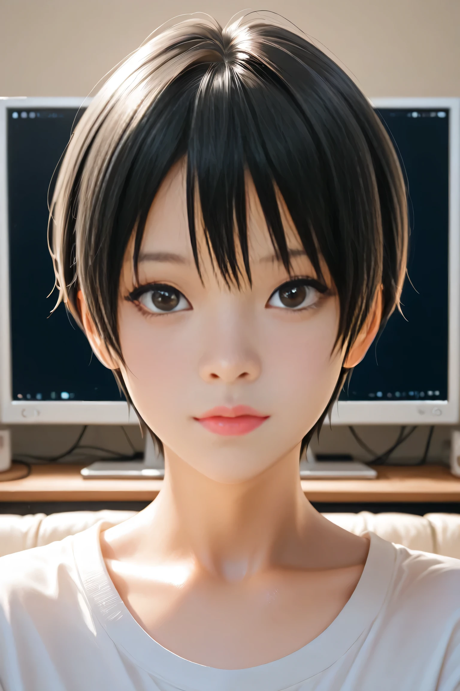 Best Quality, ultra detailed, Photo realstic,
(tom boy), black hair, slim, come out the monitor screen,