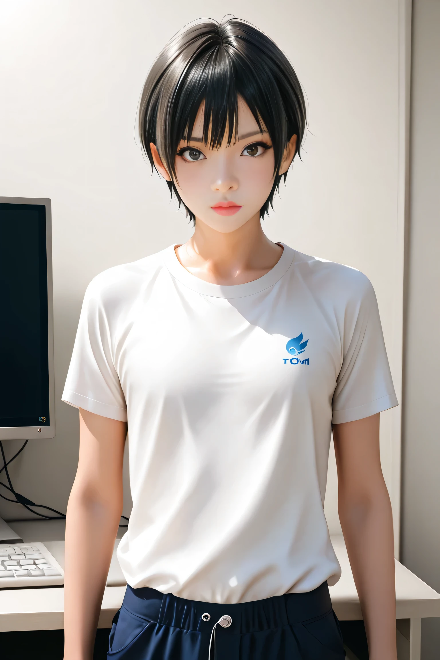 Best Quality, ultra detailed, Photo realstic,
(tom boy), black hair, slim, come out the monitor screen,