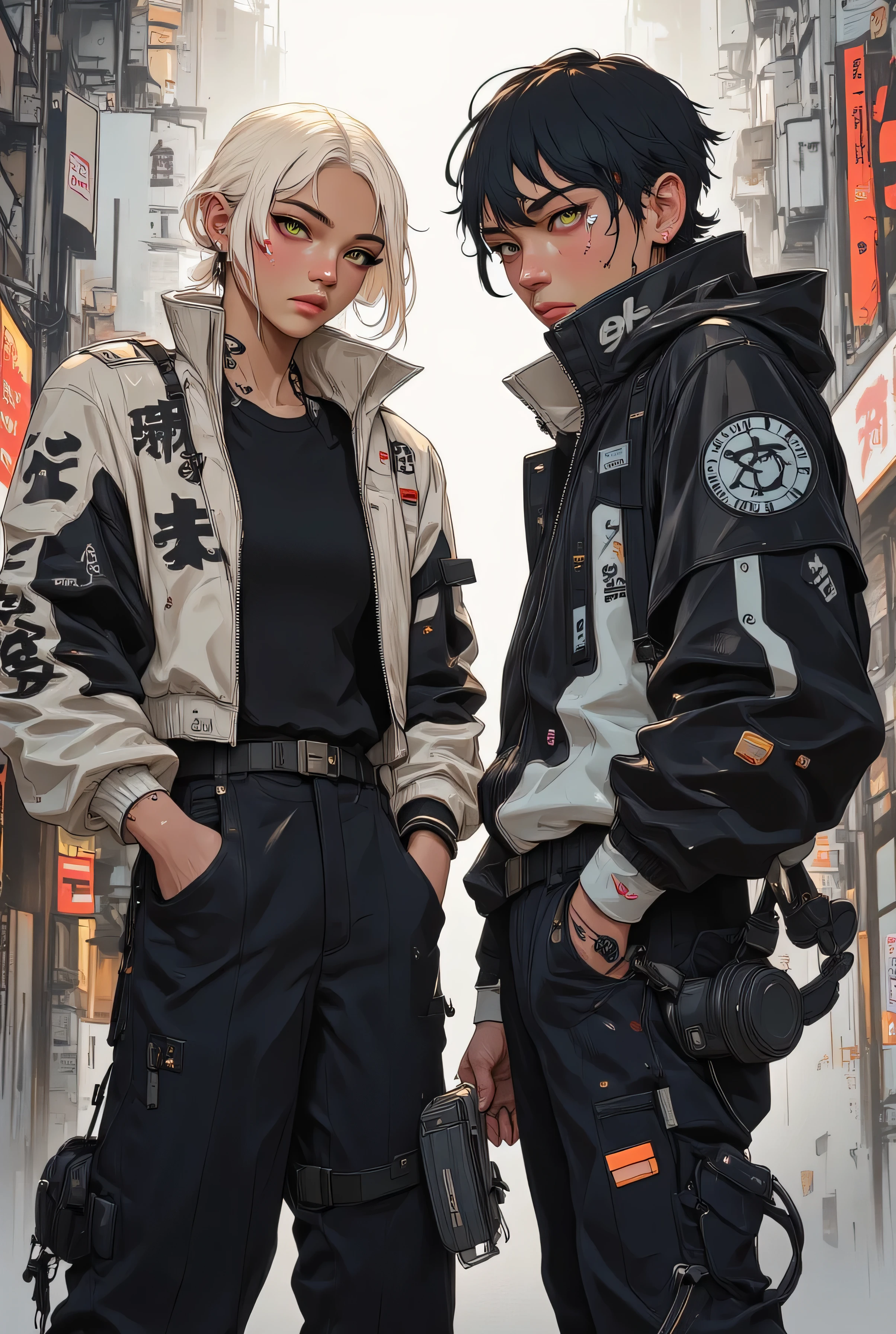 Premium Female and male Portrait,high quality,ultra-high definition,4K,Realistic,major,finely drawn,Blond Elf woman,black hair elf man, Stunning,Hook the soul's eyes, green pupil woman, brown pupil man, both Fit,Street Style ,black short hair,Hands in pockets,mysterious and sexy, cool amd stunning ,Busty Street Scene,Exquisite detail,Vivid Color,soft light and shadow