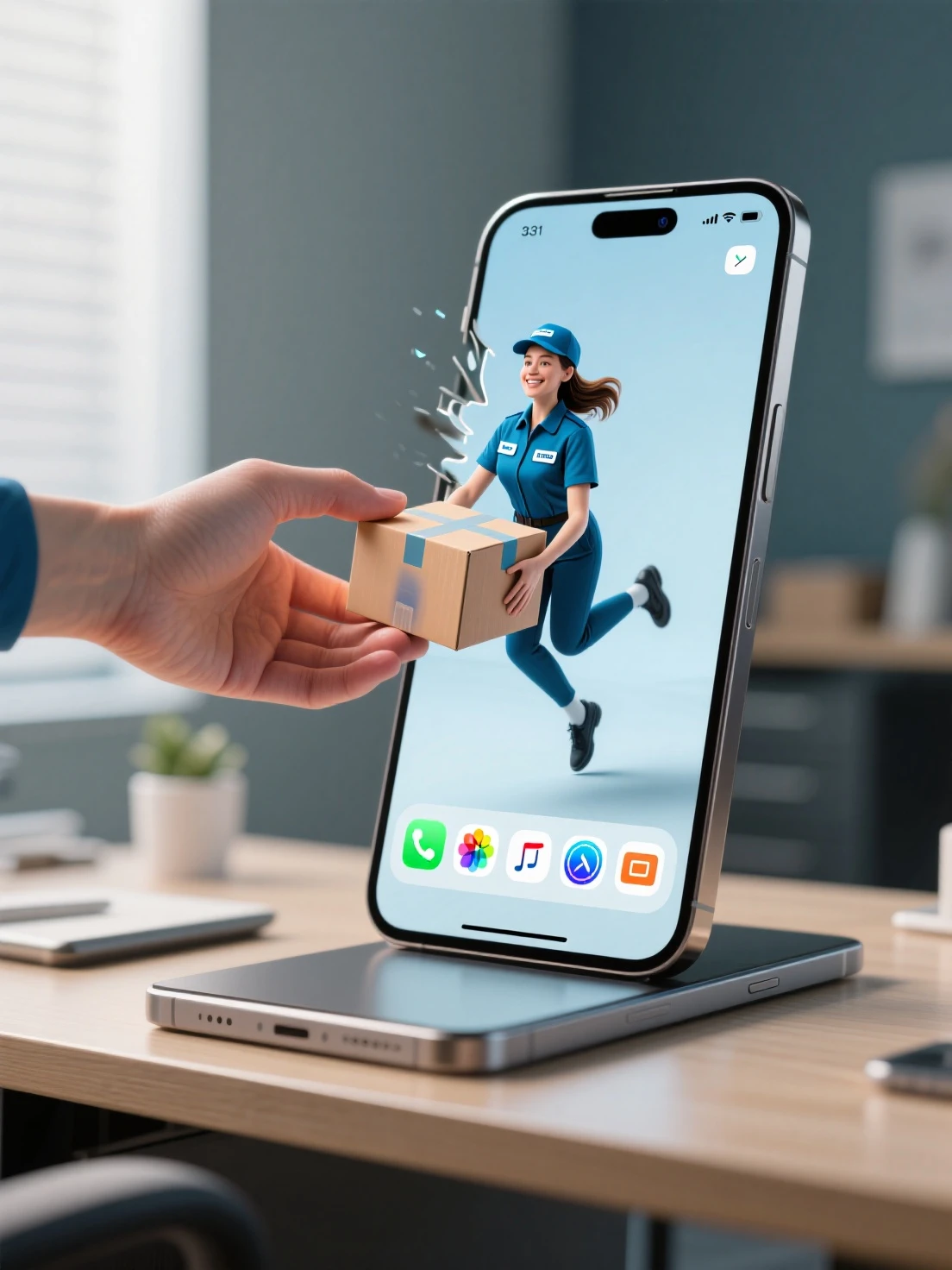 3D footage protruding vertically from the screen,Smartphone placed horizontally on a desk,Female postman in uniform holding a delivery box
A 3D image that appears to pop out vertically from the screen.
displayed in 3D with an image of a woman popping up in three dimensions,
Smartphone placed horizontally on a desk,Lie down,jump,Realistic POV hand holding a box,6 app icons appear on the screen, 