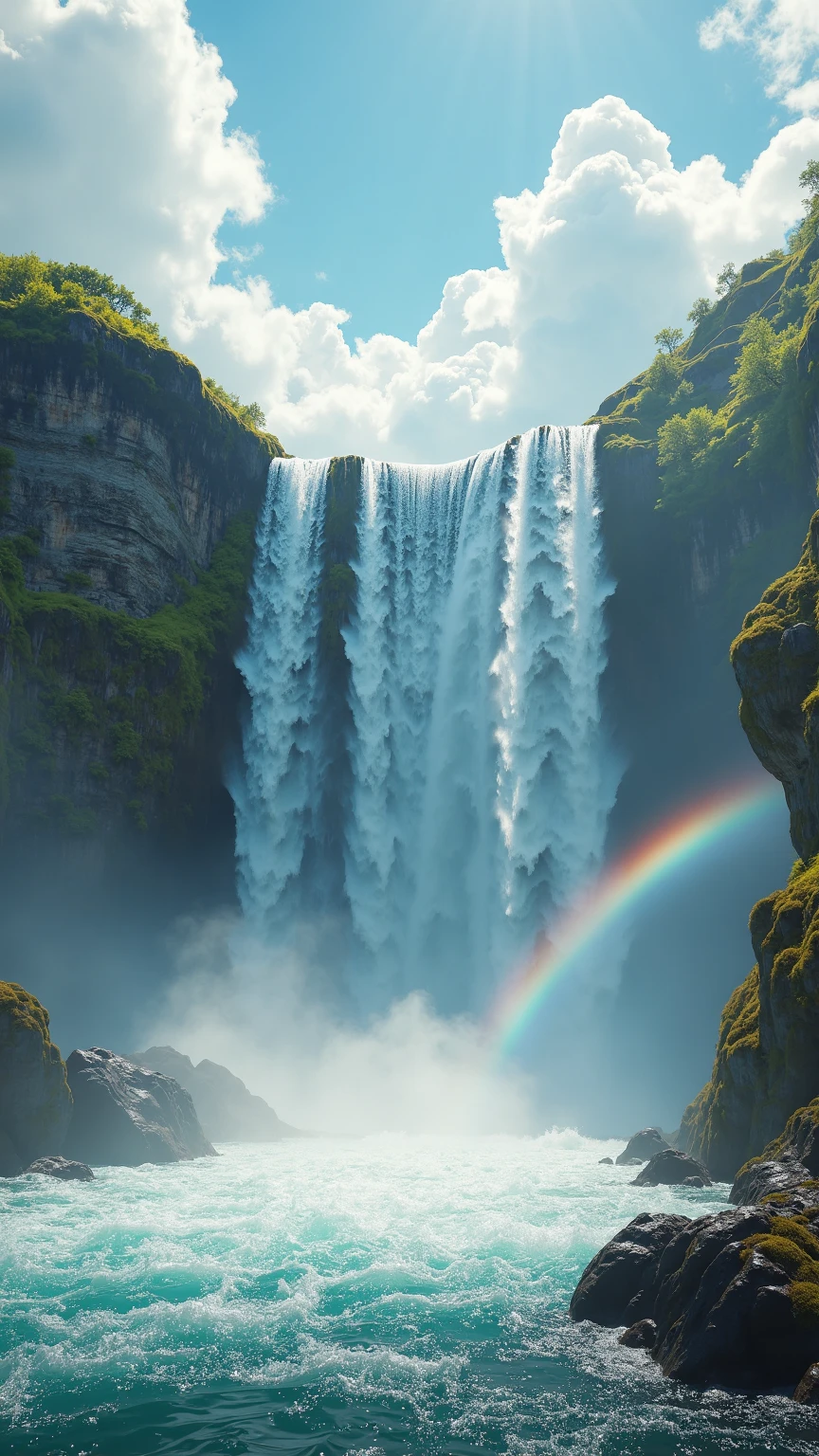 a massive roaring waterfall plunging over jagged limestone cliffs into a turbulent azure pool below under a radiant midday sky dotted with fluffy cumulus clouds digital art medium rendered as hyper-realistic cinematic nature photography style composition framed in an ultra-wide 16:9 panoramic full-frame shot from a low-angle vantage emphasizing the waterfall’s vertical drop and mist column with leading lines of foaming rapids drawing the eye toward a faint pastel rainbow arching through swirling spray lighting featuring bright diffused sunlight filtering through mist shafts creating shimmering droplet glints and subtle lens flare bloom effects color palette of vivid aqua blues emerald greens frothy white highlights and warm golden sunlight accents contrasted against rugged dark gray rock facades mood of serene awe-inspiring natural power invigorating freshness and tranquil grandeur ultra-high-definition 8K clarity with intricate detail of microfractured rock fissures moss filaments water droplet textures and realistic fluid simulation of turbulent flow simulated as a RAW full-frame sensor capture with precise photometric calibration