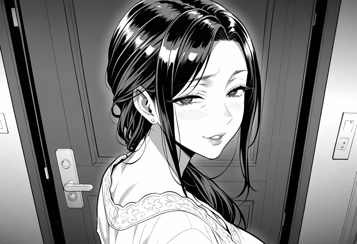 mature woman,housewife,A hentai manga scene , a detailed black and white manga panel, an intricate line drawing , a very detailed anatomy , erotic, sensual, Explícita, suggestive, beautiful detailed eyes , beautiful detailed lips , extremely detailed face, long eyelashes , seductive expression , provocative pose, dynamic composition , HIGH CONTRAST, dramatic lighting , melancholic atmosphere , evil, breast, standing, door, hause wife clothes, back view