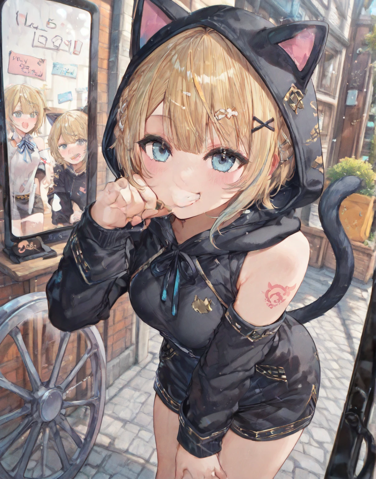 masterpiece,best quality, 8k,1girl,solo,piratetawna,two-tone hair,ear piercing,detailed eyes,(furry) ,short hair,green eyes,blush, (short jacket) ,cleavage,crossed arms,look is flirtie,smile,forest,cartoon style, cute, (breast:1.4) full body picture, thick thighs, camel toe, night city, night time sky full of stars,