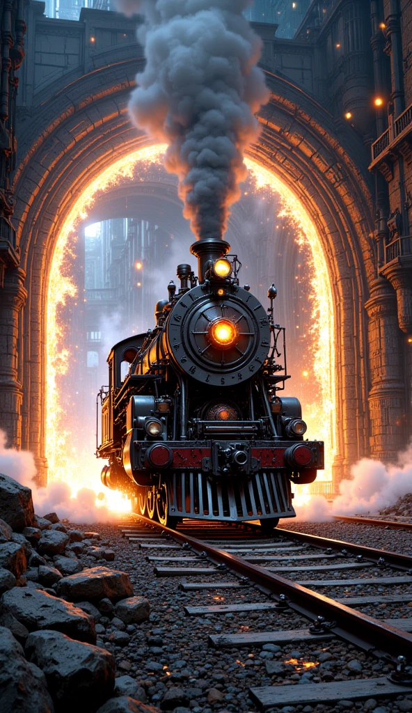 Smartphone screen,Shattered Smartphone screen a steam train comes out of the portal. that train has a clock on its front. portal from which its exit is magical and shines brightly. emerging from Smartphone screen