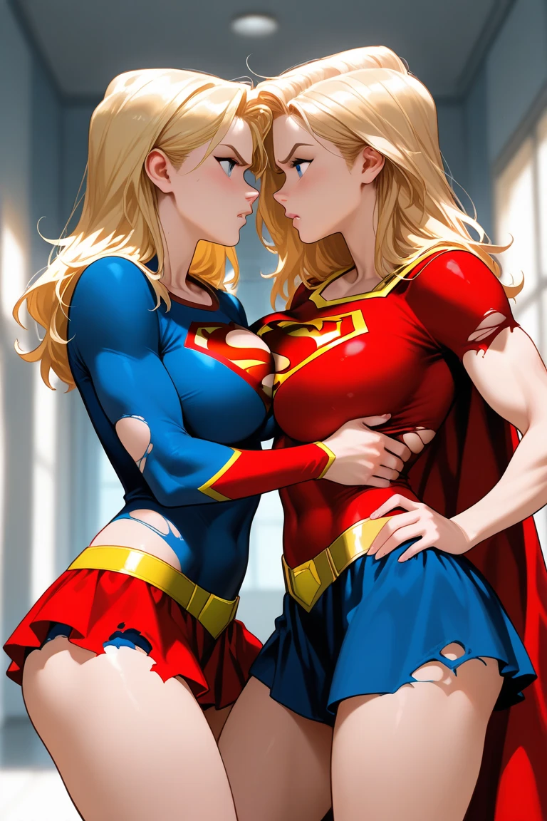 2 women kissing, cosplay, party, dressed as Wonder Woman and Supergirl, sensual, provocative, very erotic, yuri."