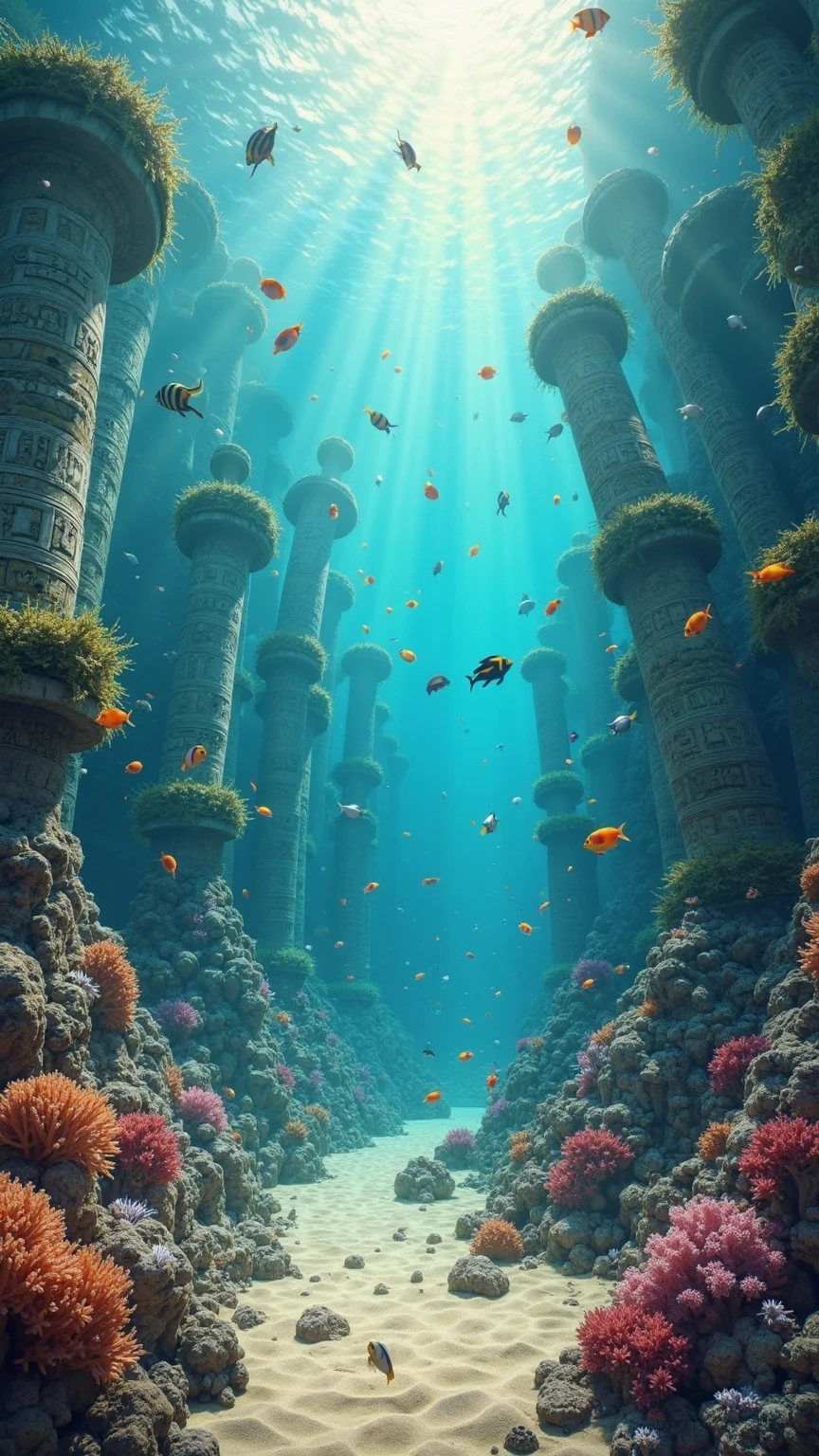 a vibrant underwater scene with a swirling school of multicolored tropical fish including iridescent angelfish, rainbow parrotfish, striped butterflyfish, and silvery baitfish weaving among towering coral reef spires and ancient submerged stone columns etched with barnacle-encrusted glyphs and crumbling spiral staircases, seaweed fronds and swaying kelp floating gracefully around scattered ornately carved statues and broken archways over a gently undulating sandy seabed patterned with sunlit caustic ripples, clusters of delicate fan corals and tube sponges swaying in rolling currents alongside drifting translucent jellyfish and bioluminescent plankton specks, shrimp scuttling across weathered rock surfaces dotted with starfish and sea cucumbers, scattered seashell debris and the distant silhouette of an old shipwreck hull half-buried in silt and oyster-encrusted ribs, digital art medium rendered as hyper-realistic cinematic photorealistic concept art utilizing physically based ray tracing, global illumination, and volumetric light scattering, composition framed in an ultra-wide 16:9 panoramic full-frame view from a slightly low-angle perspective emphasizing layered depth with foreground fish guiding the eye through midground columns to a glowing shaft of sunlight breaking through the water surface above, lighting featuring vibrant sunbeams filtering through turquoise waters casting soft diffused rays and volumetric light shafts interplaying with gentle ambient fill and specular highlights glittering on bubbles rising toward the surface, color palette dominated by deep ocean blues and aquamarine teals contrasted with coral pinks, sunny gold micro reflections, rich seaweed greens, and soft sandy beige accents, mood of tranquil ethereal wonder, serene marine exploration, and ancient mystery evoking a sense of peaceful discovery in a lost aquatic world