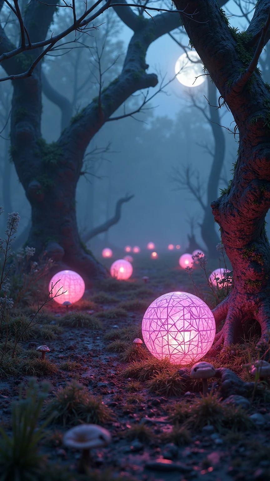 an enchanting nocturnal forest glade dotted with luminous spherical lantern orbs resting among dew-kissed grass tufts and fallen copper leaves beneath a cathedral of gnarled leafless oak and birch trees whose contorted branches form a dramatic overhead canopy and delicate cobweb threads draped with dew drops, each orb intricately etched with faint geometric runic inscriptions and micro-fractured crystalline patterns emitting pulsing luminance in gentle rhythm, digital art medium rendered as hyper-realistic cinematic photorealistic concept art utilizing physically based ray tracing global illumination volumetric light scattering and ambient occlusion, composition framed in an ultra-wide 16:9 panoramic full-frame shot from a low-angle water-level perspective at ground level to emphasize the glowing orbs and tangled roots leading lines drawing the eye toward a softly misted background veiled in midnight shadows and faint silhouettes of distant trees punctuated by clusters of glowing mushrooms at tree bases, lighting featuring a harmonious interplay of soft diffused cool moonlight filtered through the canopy and the warm pastel pink and violet inner glow emanating from each orb creating dynamic rim lighting on twisted bark and subtle caustic reflections on wet foliage, complemented by gentle volumetric mist shafts wrapping around orb clusters and floating luminescent motes dancing in the hush of night, color palette dominated by inky navy blues charcoal grays neon rose pinks magenta purples and soft lavender highlights accented by hints of silvery moonbeam whites deep emerald greens of moss and fern fronds and burnt sienna of fallen leaves, mood of mystical tranquility sacred wonder and ethereal enchantment evoking a secret woodland sanctuary alive with hidden magic, ultra-high-definition 8K clarity with intricate textural detail from microfractured bark grooves to dew droplets glistening on grass blades to fine dust particles suspended in shafts of light, realistic ref