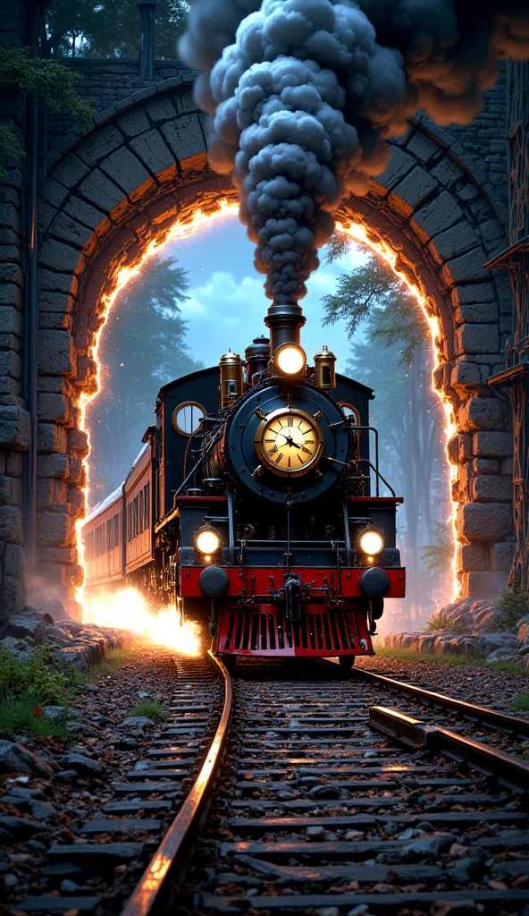 Smartphone screen,Shattered Smartphone screen a steam train comes out of the portal. that train has a clock on its front. portal from which its exit is magical and shines brightly. emerging from Smartphone screen
