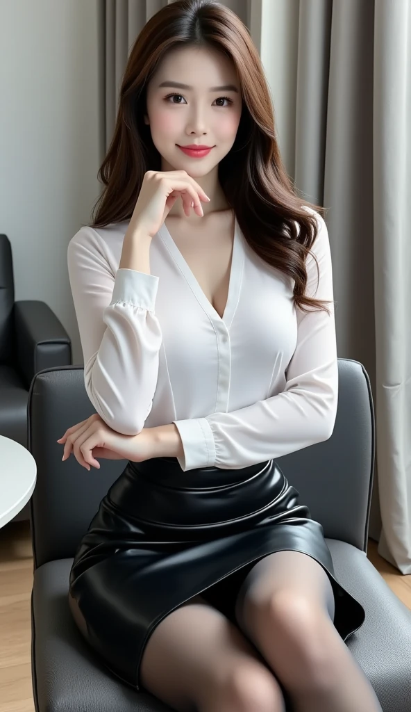 ulzzang -6500-v1.1, (Raw photo:1.2), (Photorealsitic), (See-through:1.3), (Real:1.4), Upper-class women, Sitting on a chair in the office, game_nffsw, Wearing an ultra-thin silk blouse、 jaw-dropping beauty、 thighhighs and skirt, (Ultra-realistic pantyhose:1.2)、elegant japanese woman, Ultra-thin white shirt and gray skirt, transparent gray skirts, Japanese Models, Wearing a blouse, dressed with long fluent clothes, dressed with fluent clothes, very pretty model, Wearing a white blouse, Cute elegant pose、A smile、Realistic skin feeling、shinny skin、Exposed thighs!!!、