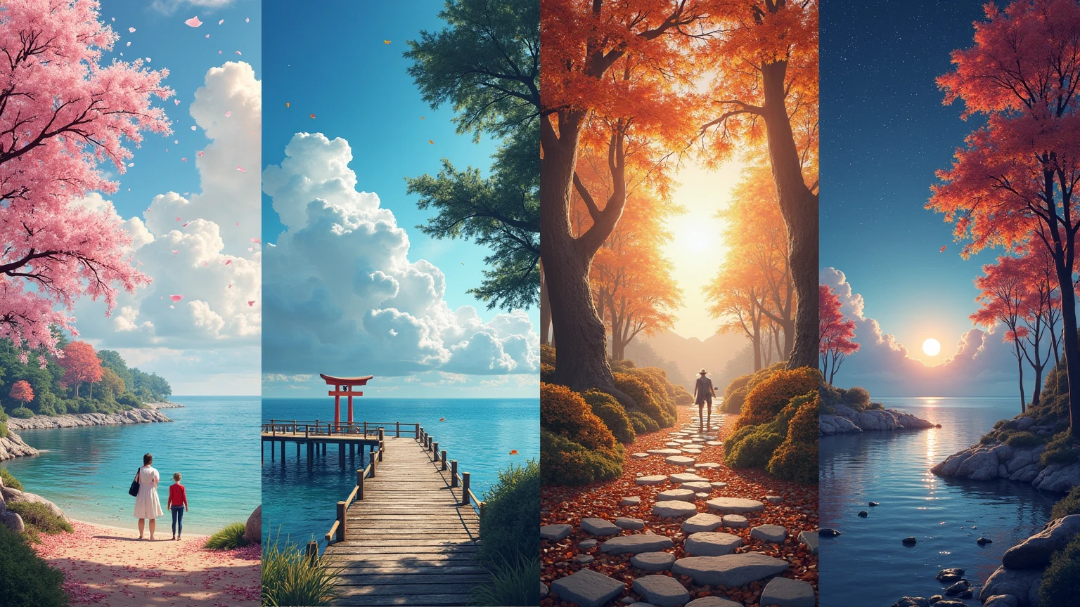 a quadriptych of four contiguous vertical panels each depicting a distinct seasonal fantasy landscape: a spring scene with a lone traveler standing at a cherry-blossom–lined lakeshore under drifting petals; a summer coastal pier scene with joyous figures gazing across an azure sea under bright cumulus skies; an autumn forest path scene ablaze with golden and crimson foliage and scattered stone steps under warm amber light; and a twilight winter shore scene with reflective wet rocks and a lone silhouette beneath a starry indigo sky; digital art medium rendered as hyper-realistic cinematic fantasy concept art captured in an ultra-wide 16:9 panoramic quadriptych layout; lighting transitioning from soft diffused dawn and bright midday sun through warm autumn glow to cool moonlit twilight with volumetric light shafts; color palette blending delicate pastel pinks and fresh greens vibrant cerulean and sky blues fiery reds and golds deep indigo and cobalt; mood conveying contemplative serenity joyous warmth nostalgic introspection and tranquil solitude; ultra-high-definition 8K clarity with intricate microtexture detail, realistic volumetric rendering, and subtle lens flare bloom effects