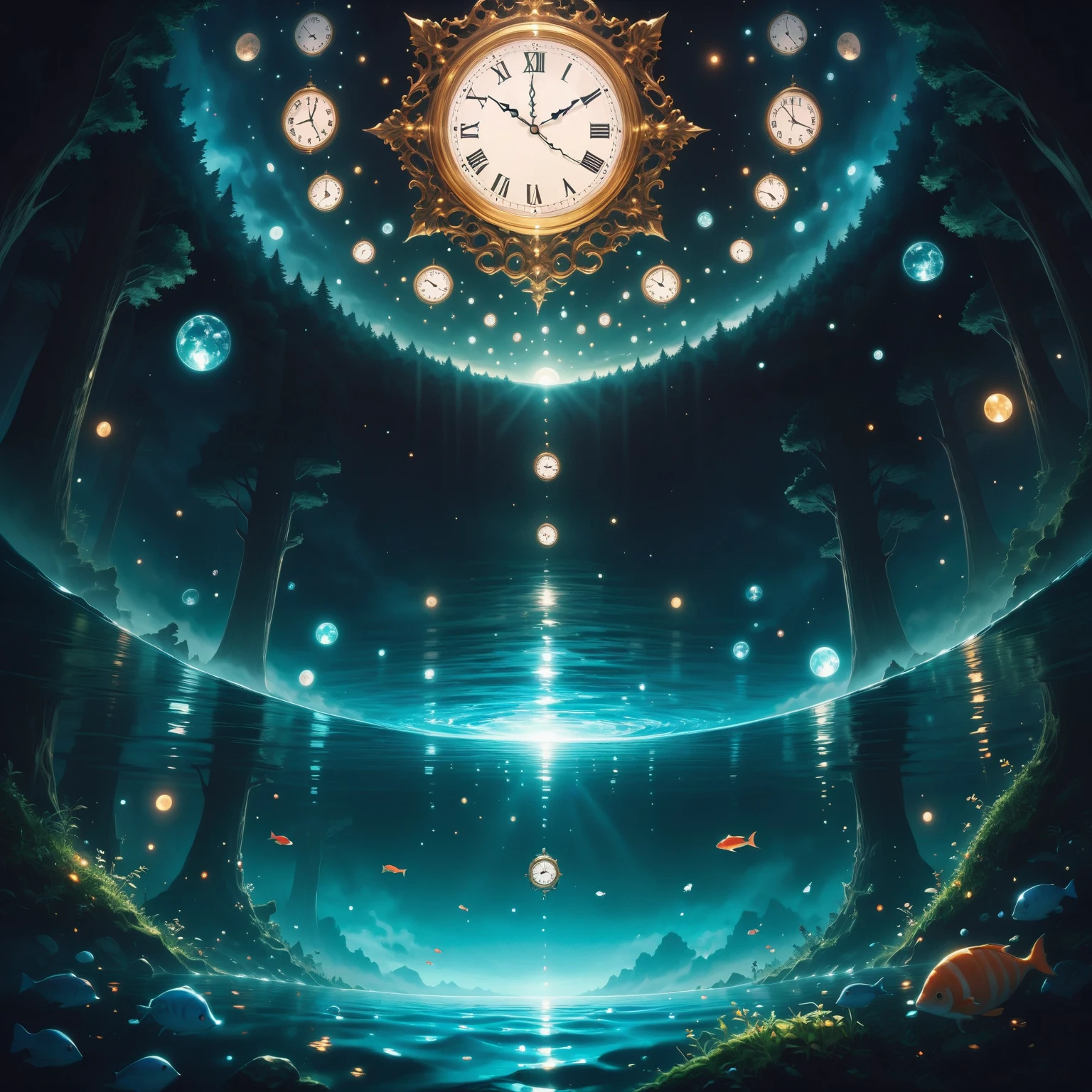 (masterpiece, best quality:1.2, 8k,16k,high-resolution,(Dark Forest:1.3),(ultra clear,ultra clear colors),fantasy world、can see things you can't see with light floating in the dark,(giant deep-sea creatures swimming in the sky:1),(Dark Forest:1.3),(Big mirror clock:1.3), what you can't see in the light can be seen floating in the dark in the dark, yesterday is tomorrow in the dark of the forest pitch-dark forest
Fish are in the sky small birds have eggs splashing into the water and the mirror sings a completely dark forest is a strange place it's been completely dark since morning
If you listen, you won't hear anything (if you look at the clock, it goes upside down:1.5) A completely dark forest is a maze of the mind fast is slow completely dark forest
Everyone knows where it is nobody knows where it is the pitch black forest keeps moving
A completely dark forest near and far
A completely dark forest close and far