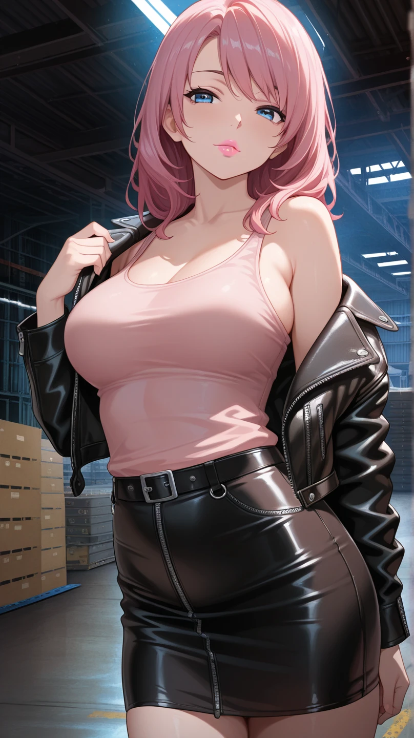 25-year-old Caucasian woman、ash blonde、blue eyess、Semi-long、setting hair、I'm tying my hair、My hair is wavy、Slender but thin macho、accessories on the wrist、wearing a chain necklace、Beautiful breasts、a smile、I need space above my head、Wearing a high-leg loetard、Wearing heels, huge breasts, thick thighs, black lacy bra, shirt lift, lingerie, sultry, seductive, sexy, oily body, wide hips, abs, muscular female, nipples, wet body, open legs, blue blouse, black leather jacket, voluptuous, curvaceous, zettai ryōiki, skirt, thighhighs, pleated skirt and thighhighs, utena