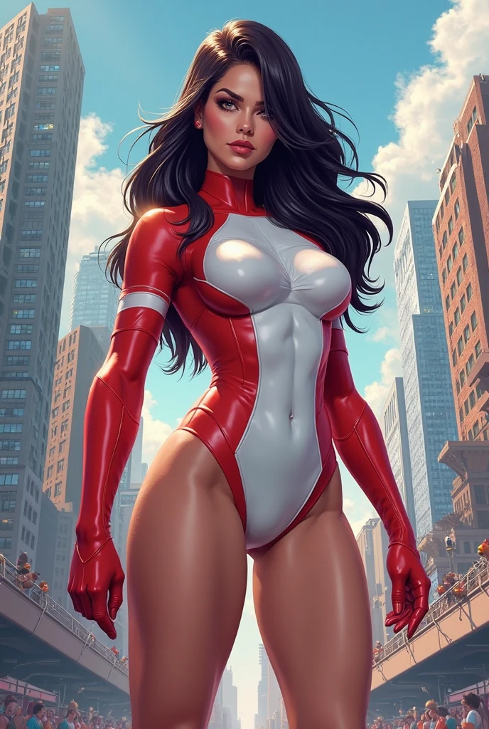 (masterpiece, top quality, best quality, official art, beautiful and aesthetic:1.2), (1girl:1.3), brown hair, braid, extremely detailed, portrait, looking at viewer, solo, (full body:0.6), detailed background, close up, mischievous eyes, (warm city superhero theme:1.1), pleasant smile, brunette, aquiline nose, green eyes, braid, ((gigantic breasts)), (thin), athletic, superhero. Wearing a sleek, satin (high-neck) (sleek white and red striped bodysuit), ((red sleeve stripes, red leg stripes)), (white sides, red center), modest, fully-covered, long red gloves, long red boots, slim waist, slim hips, long legs, modern (city street exterior:1.1) detailed background, bright optimistic lighting, shadows, magical atmosphere, dutch angle
