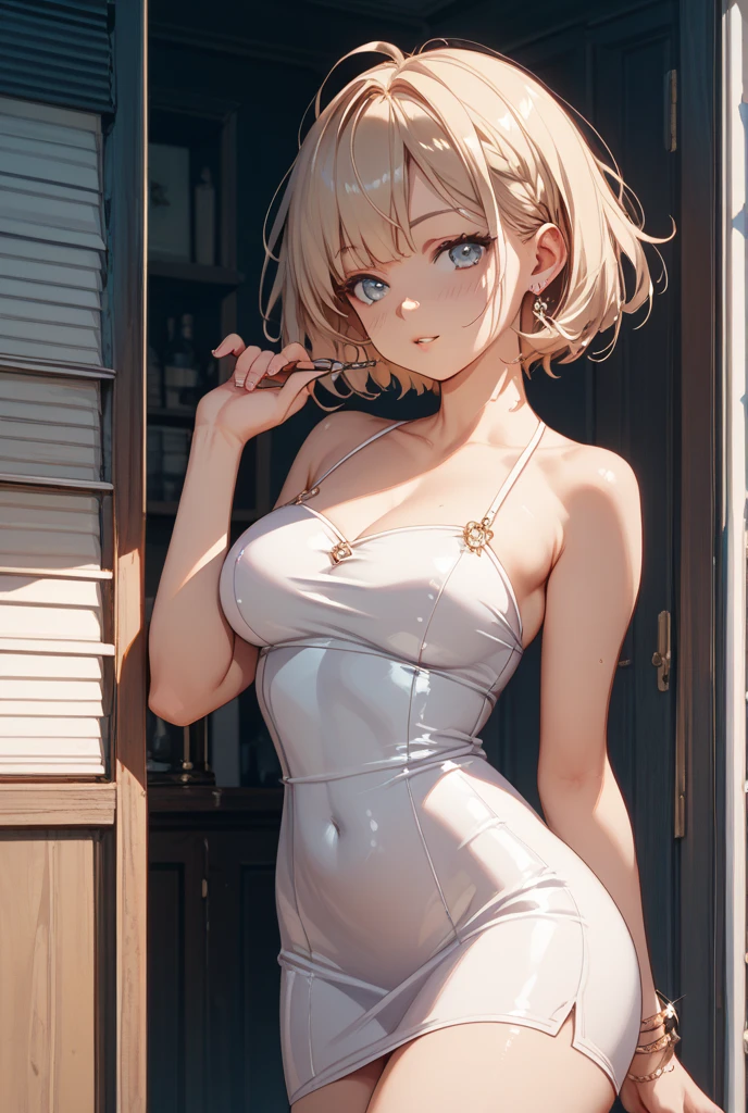 (masterpiece), (best quality), (detailed), light layer, 1solo girl, young girl, perfect body, blonde hair, defined chest, defined collarbone, ultra realistic, photorealistic, detailed, ,Enhance, Short Orange Mini Dress Low chest Bodycon Club Evening Party Sexy Dress, black background, white spotlight