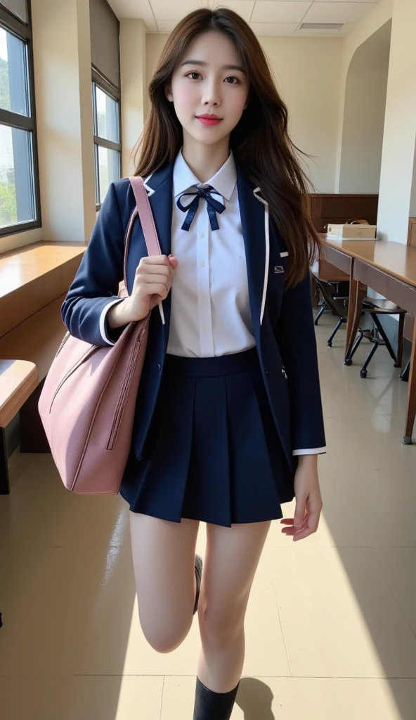 1womanl、(Super beautiful)、(beauitful face)、A detailed face、Take a seat at McDonald's、with spreading legs、(high-school uniform)、(Dark blue mini skirt)、(School Sweater)、(Wearing makeup)、Brown hair