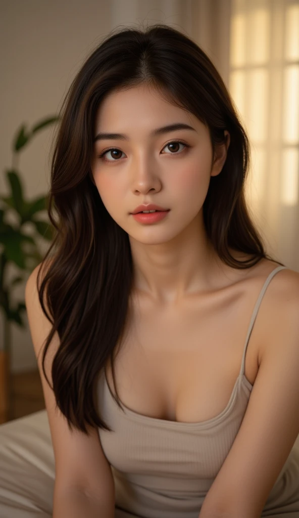 Une femme de 19 ans, yeux marons, bouches finne, cheveux brun dans sa chambre qui prend une photo avec son telephone dans son miroir. Elle porte un tee shirt blanc a bretelle et un bikini en bas . Et elle est allongé sur son lit a quatre patte.