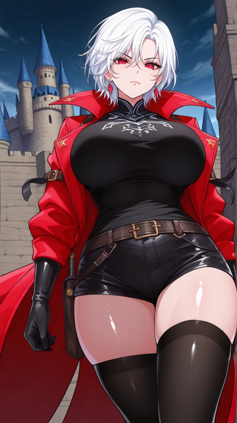 1 girl 1 man, (((a girl, mistress, female dominatrix,bun hair, long sleek coat with spikes, dominant, gigantic huge breast with shiny corset, long sleeves, black gloves, (black laces knee-high boots:1.4), devious, seductive, evil, ruthless, cruel, confident, cape))), (sitting on man face). | (((a man, naked, tied, bondaged, helpless, being raped ))) ((female domination)), ((female supremacy))