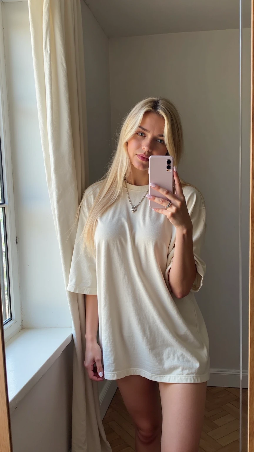 A blonde Israeli girl, wearing a hoodie, well dressed!, taking a selfie in the living room