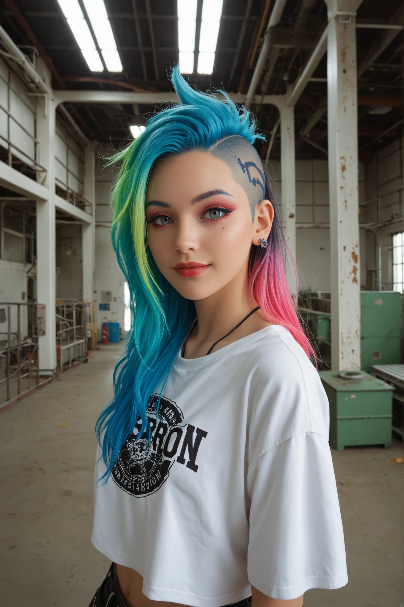 ,mansuji_ningen, she's in an abandoned factory, spread, huge, cartoon, NSFW, cute art,olhos azuis, punk/non-punk style, short/long hair, multi-colored/gradient hair color, girl, solo focus, masterpiece, perfect details, in the background it's an abandoned factory, seios pequenos