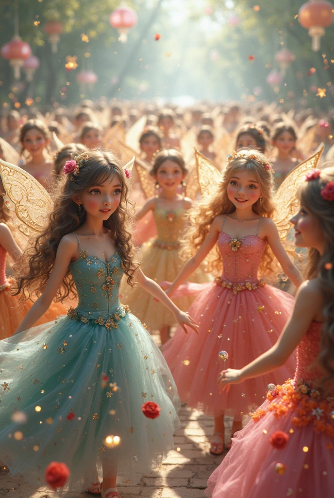 "A full-body shot of a realistic fairytale scene in a magical palace in a beautiful magical forrest, bathed in sunlighting."Beautiful pastel colour pallette." "A fairy queen1 with realistic striking big blue eyes with eye makeup and a serious, direct gaze at the camera with golden extra long hair and perfect shaped pearly white teeth and pursed lips." " A Fairy queen2 with golden-brown long curly hair in a thin light blue dress is dancing with arms up in the air." "Twirling and dancing fairy princess with a long white hair in a sheer golden wet transparent dress outfit, big breasts, thin waist, big butt, looks provocative with her mouth almost sedusive at fairy queen2 laughing." "The lighting is natural and bright, highlighting their features and casting a soft glow around their hair, creating a high-contrast effect that emphasizes the subject's presence. " "A white rapid sits in on a decorative dining table" "while a rainbow colored bird perches on the top of the thin royal thrown". The realistic scene includes a strikingly beautiful fairy queens and a princesse in a beautiful and magical forrest palace. "The vast environment paints a magical but weird admosphere". # Configuration settings clip_guidance_scale = 20 # High adherence to the detailed prompt, emphasizing facial features hr_scale = 2.0 # High resolution to capture intricate details in the hair and face. hr scale =2.0 # Perfect human female body. Best hands 1:1, super realistic hair 1:1, hyper realistic eyes 1:1, extra detailed delicate moist skin, most detaled and realistic face 1:1. #A realistic stage with thorough details and clear focus on the queens.