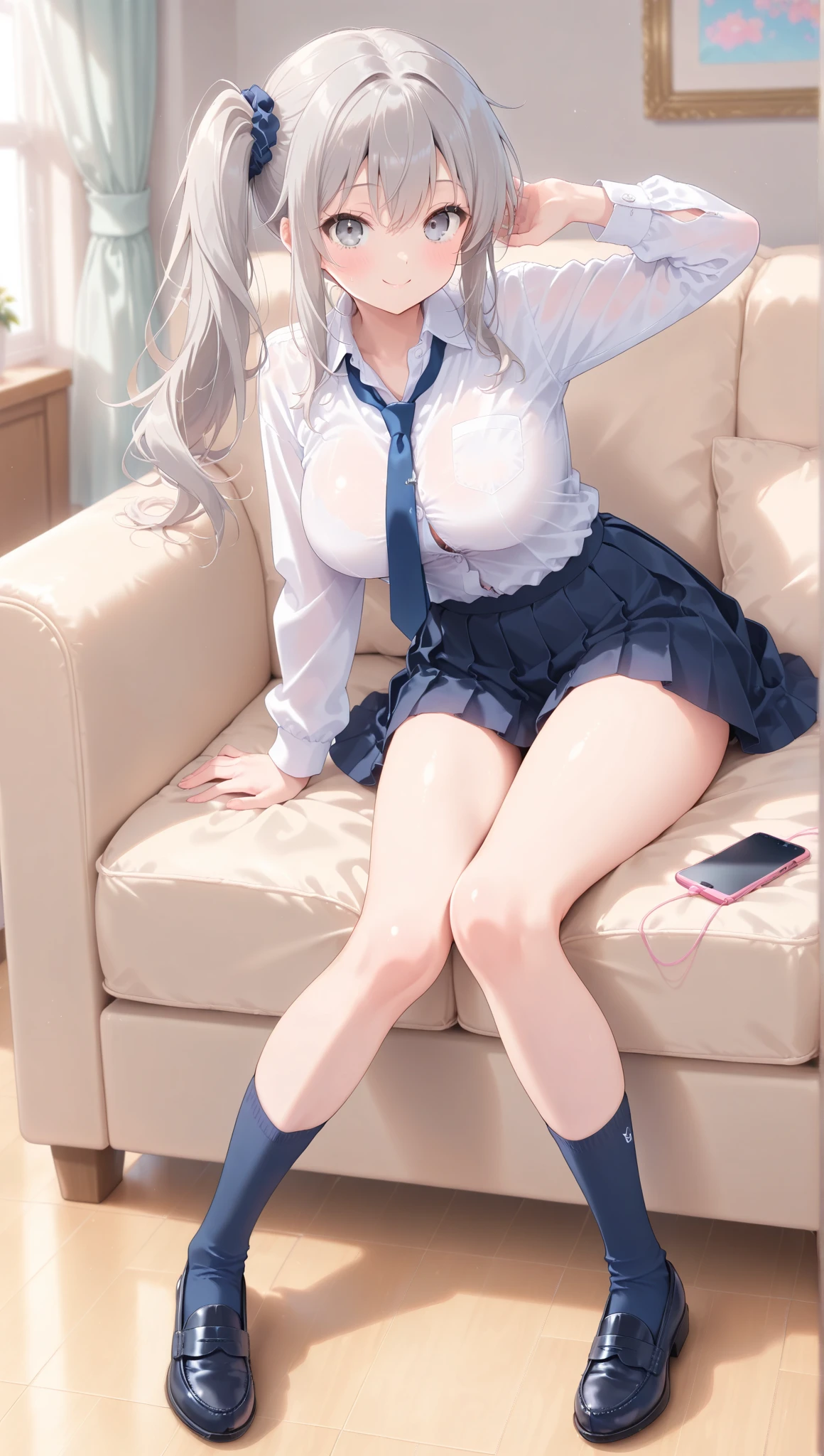 professional women, 1 girl, make out, (shiny big), (bangs), (sweaty: 1.3), background blur, tie(strawberry print bra)、20 year old gal woman photo, sitting, panty shot, Spread your legs in shiny blue zebra print panties。、Long sleeve knit dress mini、socks, silver hair,(highlight pink) curly hair、high heels、strawberry print panties、off shoulder、,(I can see the bra) loafers, realistic, lips, brown eyes, Black socks, tie,Dark blue pleated masterpiece, highest quality, Super detailed, after school school, sitting on classroom chair and spreading your legs, angle from below, Glossy skin, shiny skin, shiny skin, layer cut,big breasts、Very large 、A large amount of sweat drips down my thighs、Beautiful eyes like a doll、sweaty crotch、A large amount of drops drip from the crotch(1.8)パンティから汗が床に垂れる(1.8)