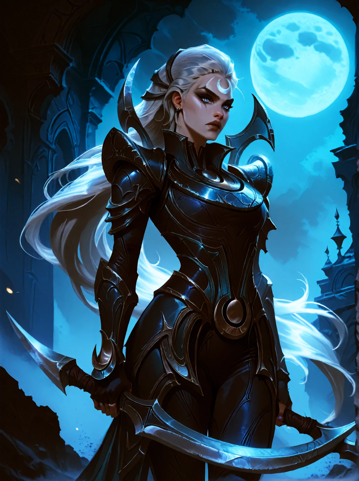 Diana from League of Legends, standing in a moonlit battlefield, long silver hair flowing, piercing pale blue eyes, wearing dark armor with silver crescent moon motifs, holding her (large), (curved crescent) blade, dramatic backlighting from a full moon, subtle blue mist around her feet, highly detailed digital painting, cinematic lighting. upper body illustration.