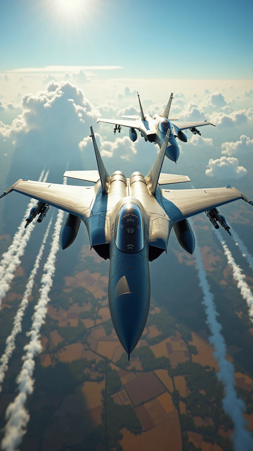 two supersonic modern multirole fighter jets flying in close echelon formation above a vast mosaic of patchwork golden farmlands and meandering rivers under a broad partly cloudy cerulean sky with distant cumulonimbus castled clouds drifting toward the horizon, digital art medium rendered as hyper-realistic cinematic photorealistic CG composition capturing sleek aerodynamic fuselages and angular swept wings detailed with panel lines rivet seams heat-tinted cockpit canopies reflecting sky glints and external missile pylons loaded with inert training ordnance, style reminiscent of high-end aviation photography blended with cinematic blockbuster epic scope, composition framed in an ultra-wide 16:9 panoramic shot from a low-angle trailing wingman perspective with dramatic leading lines of contrails slicing diagonally across the frame and soft foreground wingtip framing the view toward the lead jet, lighting featuring intense midday sun casting crisp specular highlights and dynamic contrast shadows across matte and glossy surfaces complemented by subtle rim backlighting around wing edges and volumetric light shafts filtering through thin cloud layers producing realistic lens flare and atmospheric haze, color palette dominated by gunmetal gray metallic silver and dark stealth blue fuselage tones contrasted against vibrant cerulean sky pristine white vapor contrails earthy ochre and emerald field patterns below punctuated by muted desert tan camouflage patches on the lower fuselage, mood of exhilarating high-speed dynamism precision teamwork and engineered power evoking adrenaline-charged military aviation prowess, ultra-high-definition 8K UHD clarity with physically based ray tracing global illumination realistic volumetric cloud rendering motion-blur streaks on contrails and particle effects of exhaust heat shimmer simulated as a RAW full-frame sensor capture with precise photometric calibration