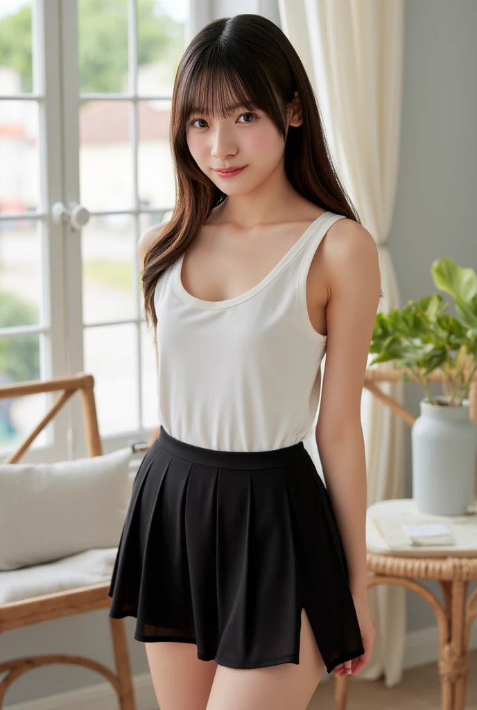 One girl,summer,Inside the room,Bed,Standing,Black Hair,Short Bob,Put your hair on your ears,Navy blue tank top,skirt,laugh,6th grade elementary school,Honors Type,Pure school,front,Small bulging lines on the chest,Look here,transparent, Soft Light,(masterpiece, Highest quality), Structure of the film, Like a movie