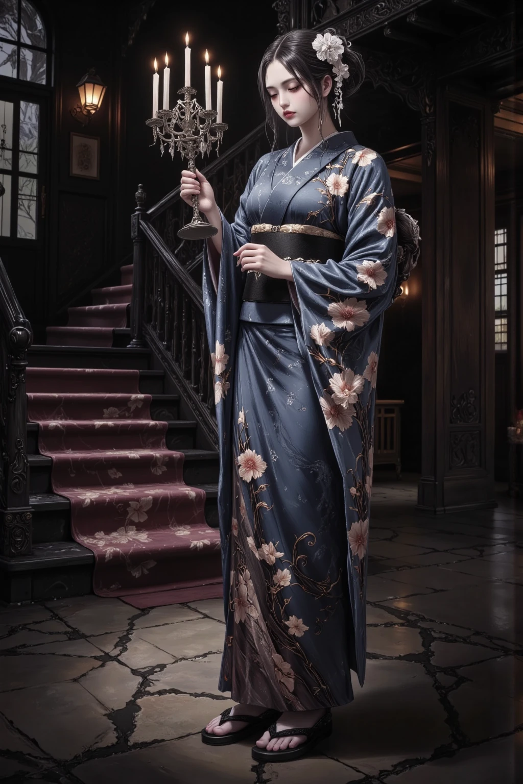 woman in kimono holding candelabra with lit candles in her hands、solo、Old Western-style building lobby at night、dark room、 Large Staircase 、８K High resolution、Super Detailed Painting、realistic、HDR、soft mute light、clear focus 、Intricate details、dark colors、dark colors、bokeh、traditional Japanese atmosphere、deep and sophisticated composition of the scene、view from above、Great storytelling