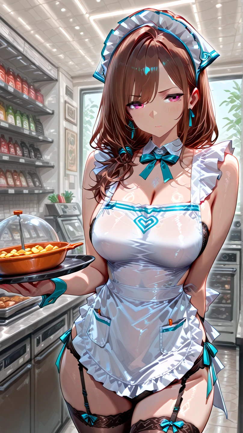 {Highest quality}, {so beautiful}, {Very detailed}, {Best illustrations}, Browsing Caution, Realistic, masterpiece, Highest quality, (Beautiful Eyes), 1 high school girl, Medium chest, Sweat, night, Outdoor, Vibrant restaurant, Micro Bikini, ひものみのMicro Bikini, Wet Face, Wet body, Long Hair, ponytail, Earrings, White apron, Puff short sleeves, Small tray, Central opening, 、Camel Toe, Great tit, Nipple puffs, Cleavage,